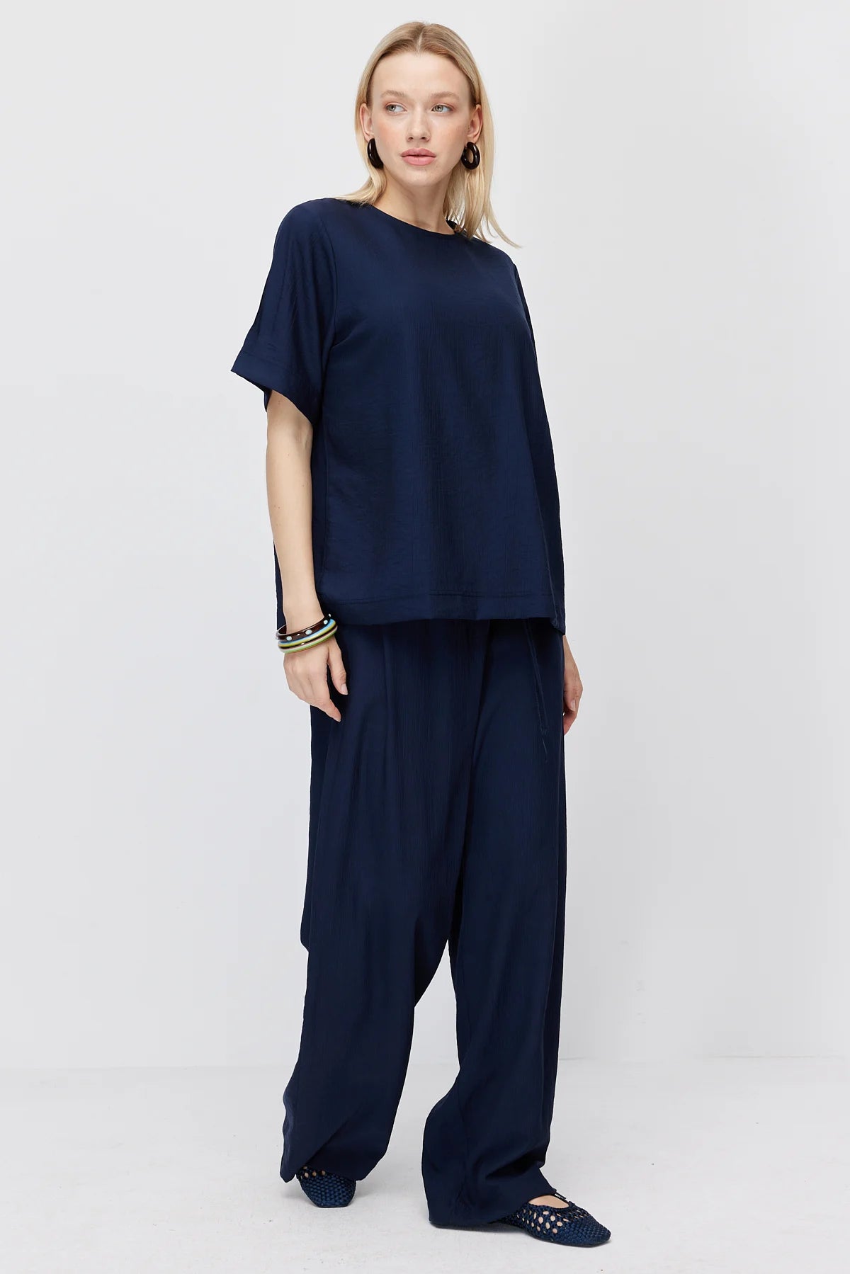 Women's Crinkle Wide Leg Double-Breasted Tie-Up Trousers