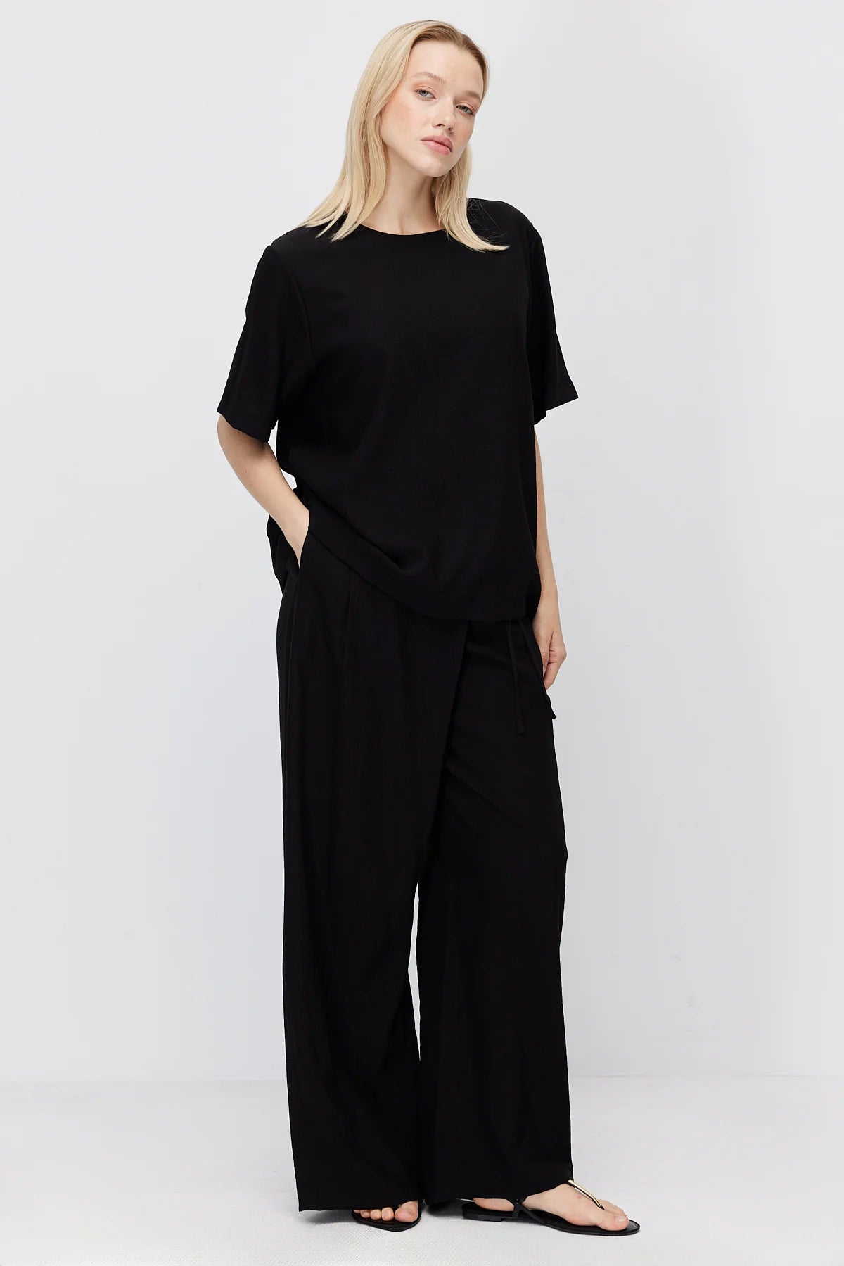 Women's Crinkle Wide Leg Double-Breasted Tie-Up Trousers