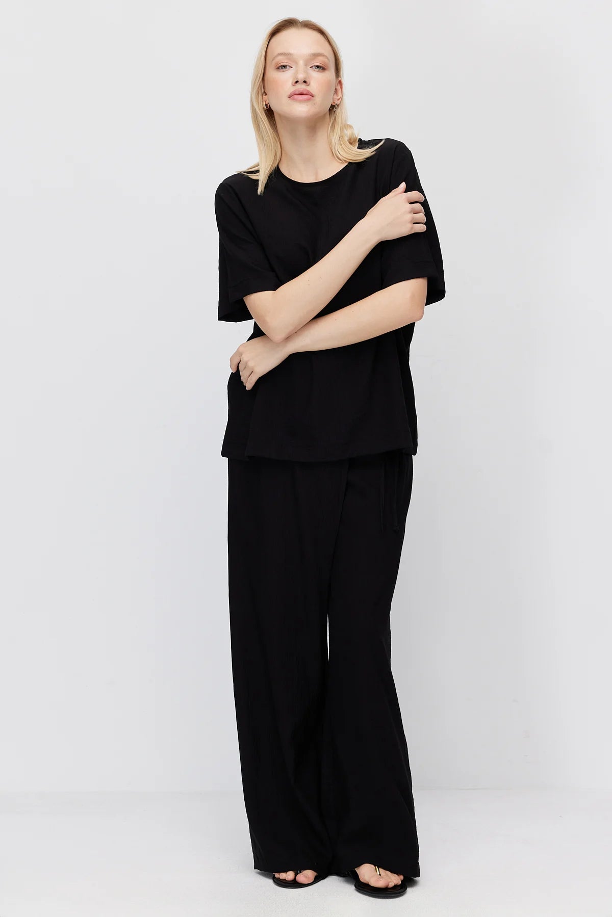 Women's Crinkle Wide Leg Double-Breasted Tie-Up Trousers