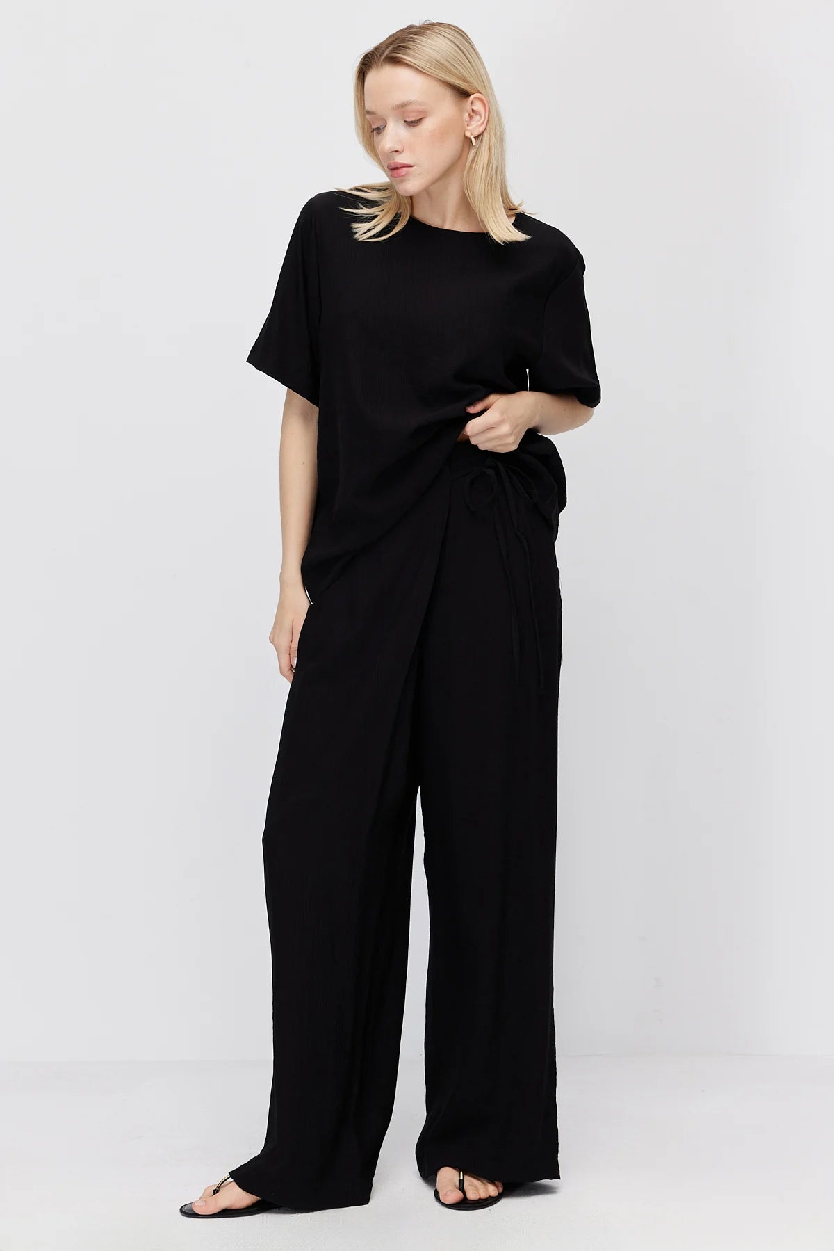 Women's Crinkle Wide Leg Double-Breasted Tie-Up Trousers