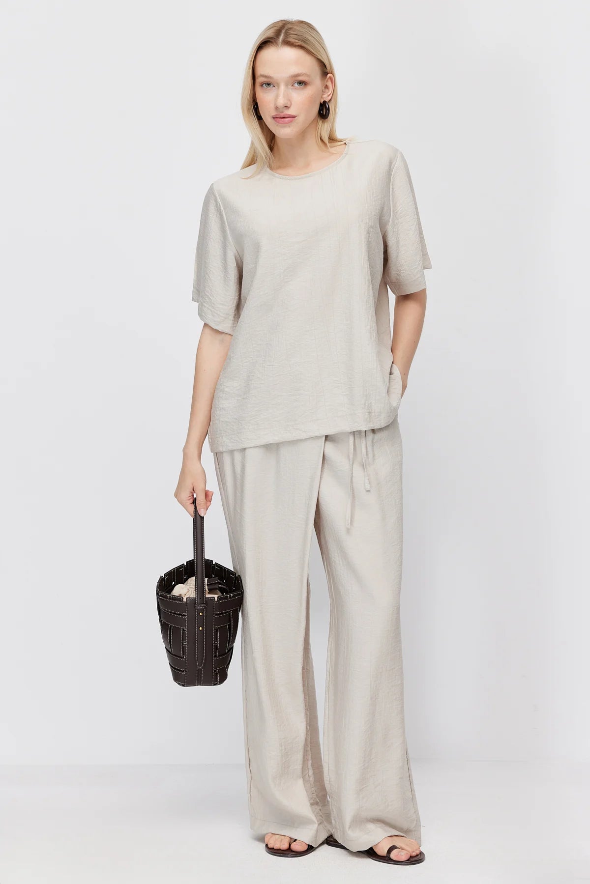 Women's Crinkle Wide Leg Double-Breasted Tie-Up Trousers