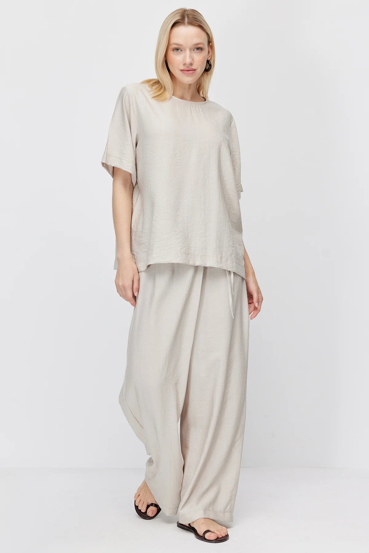 Women's Crinkle Wide Leg Double-Breasted Tie-Up Trousers