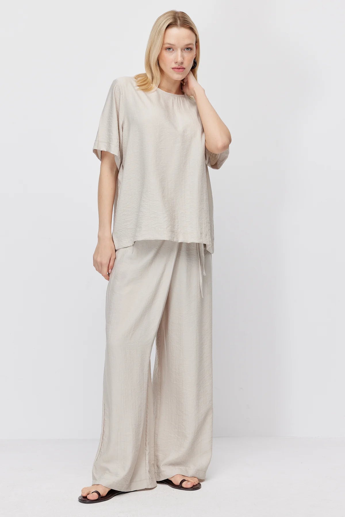 Women's Crinkle Wide Leg Double-Breasted Tie-Up Trousers