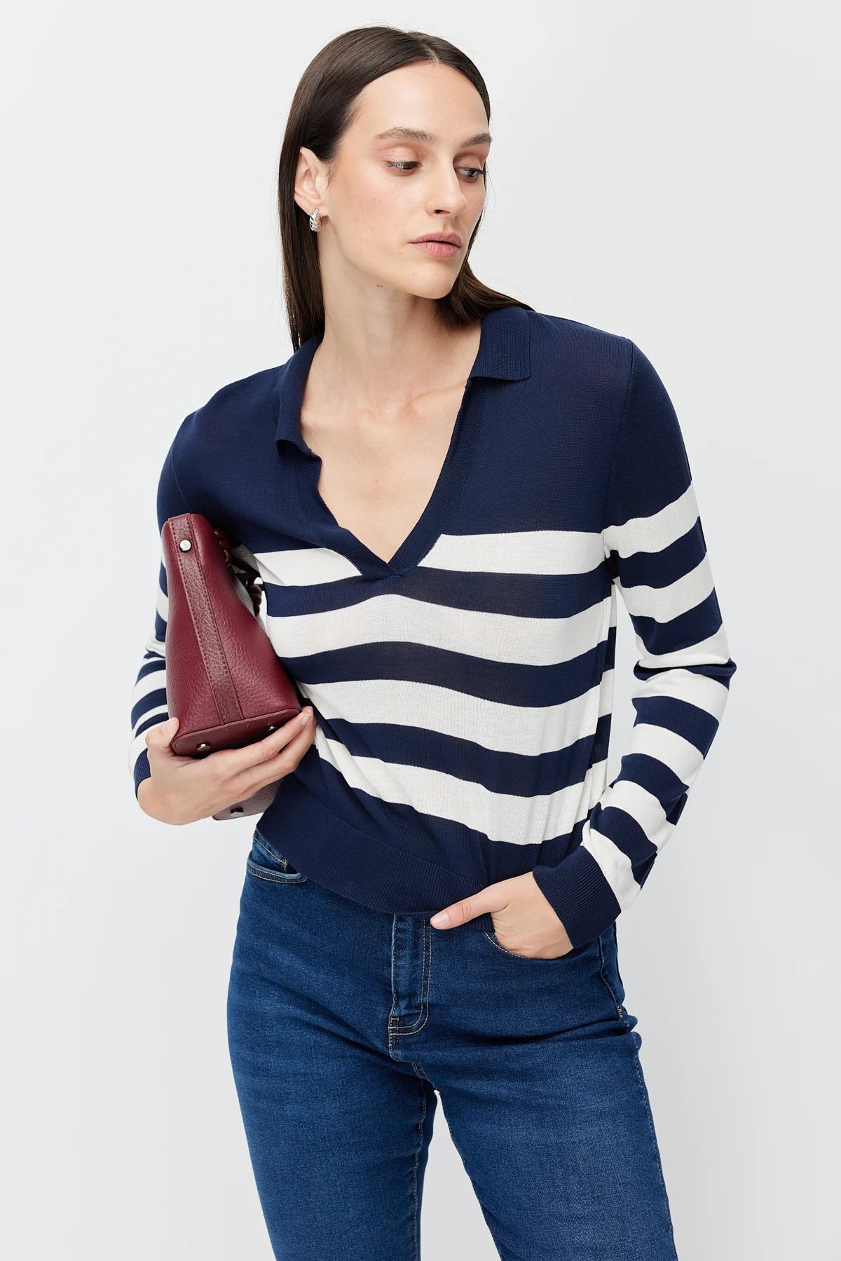 Women's Striped Polo Collar Knitwear