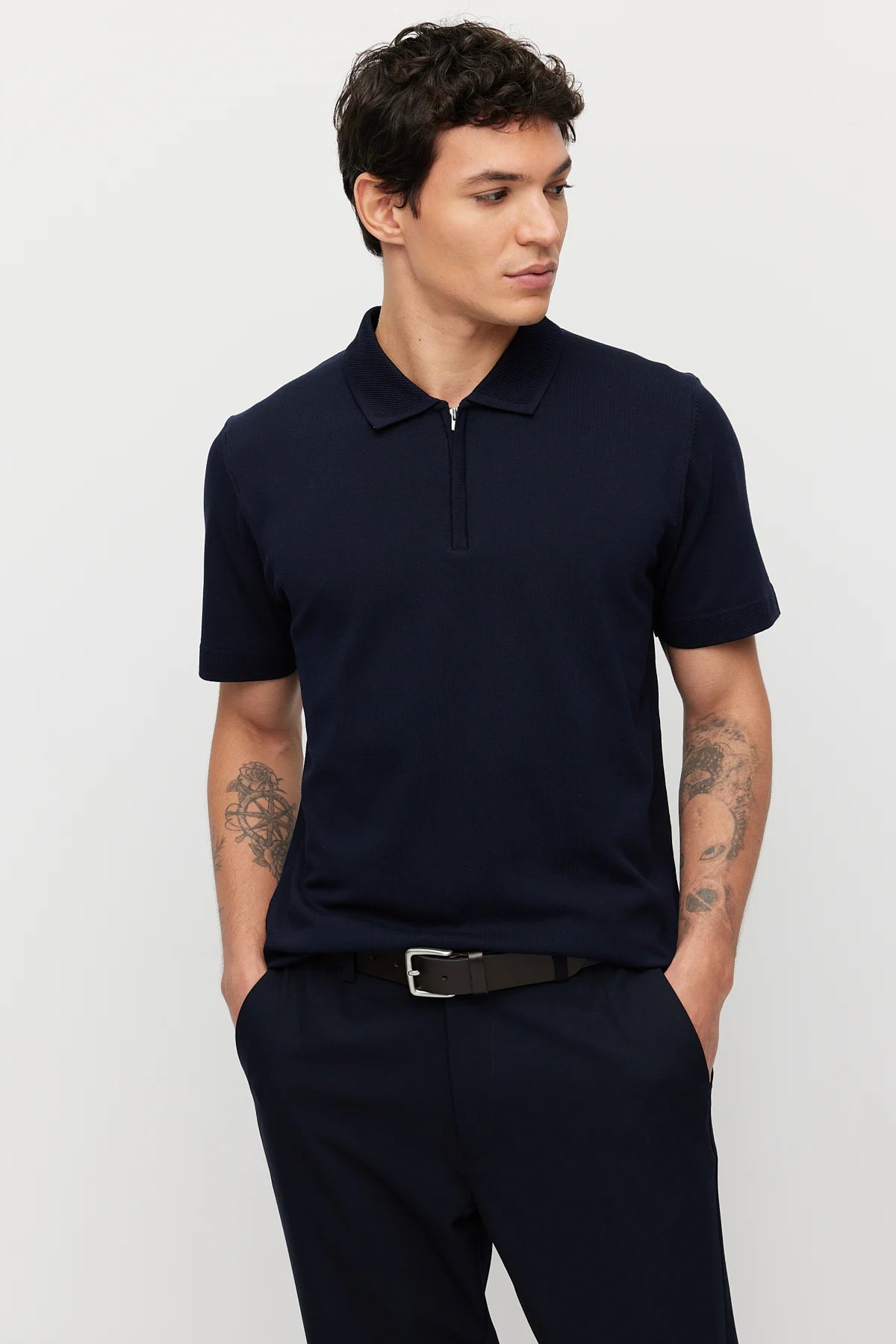 Men's Knitted T-shirt with Concealed Zip Collar