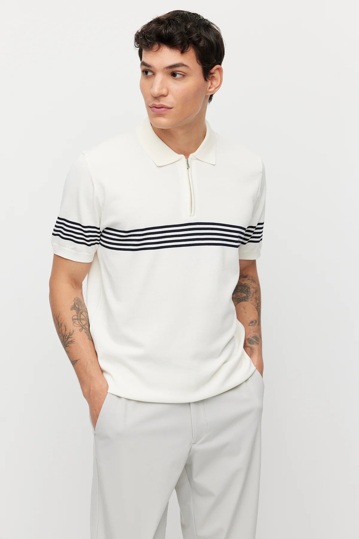 Men's Striped Zip-Up Knit T-shirt