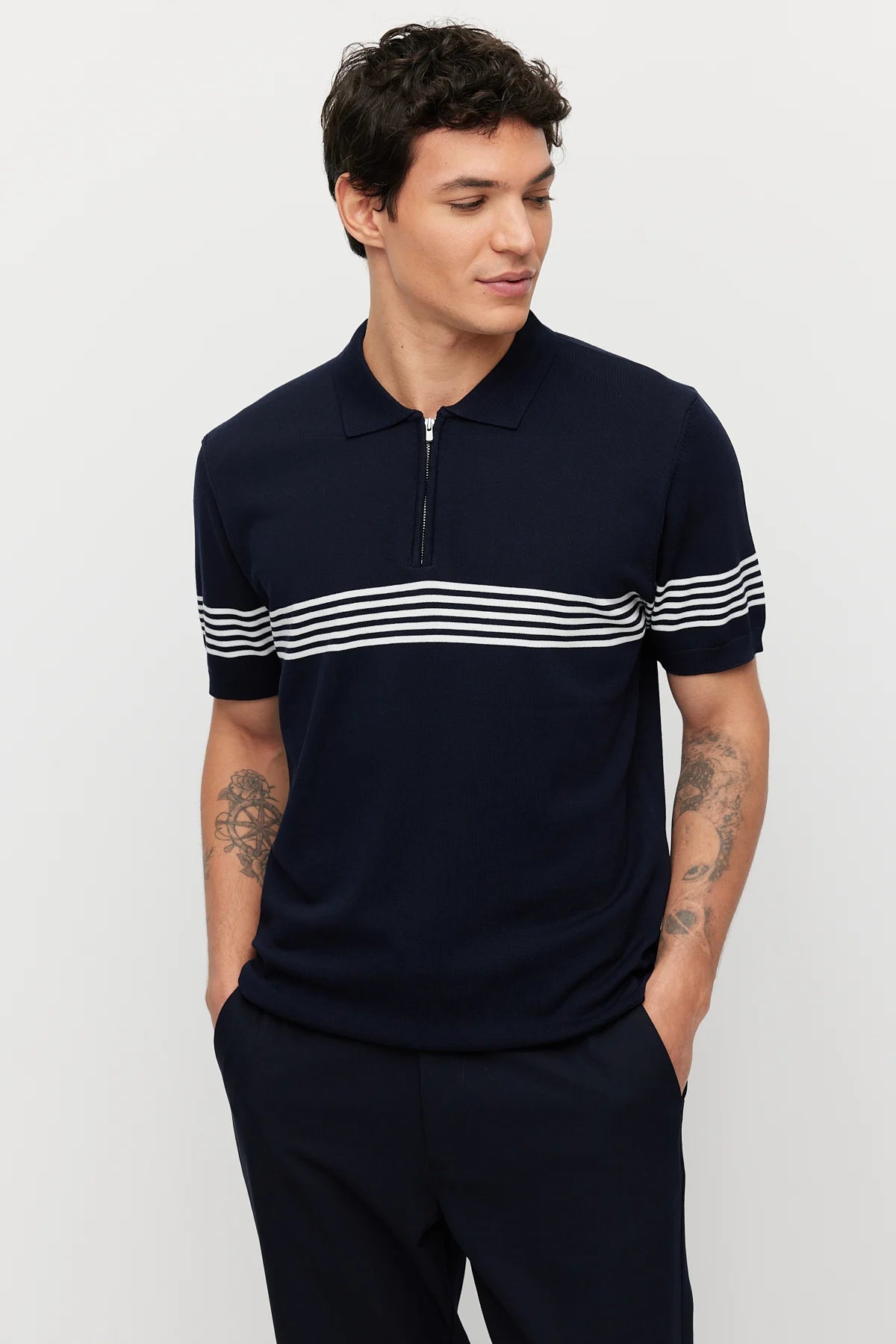 Men's Striped Zip-Up Knit T-shirt