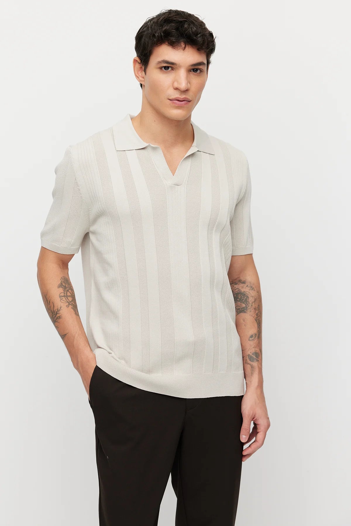 Men's Knitted Polo Collar Ribbed T-shirt