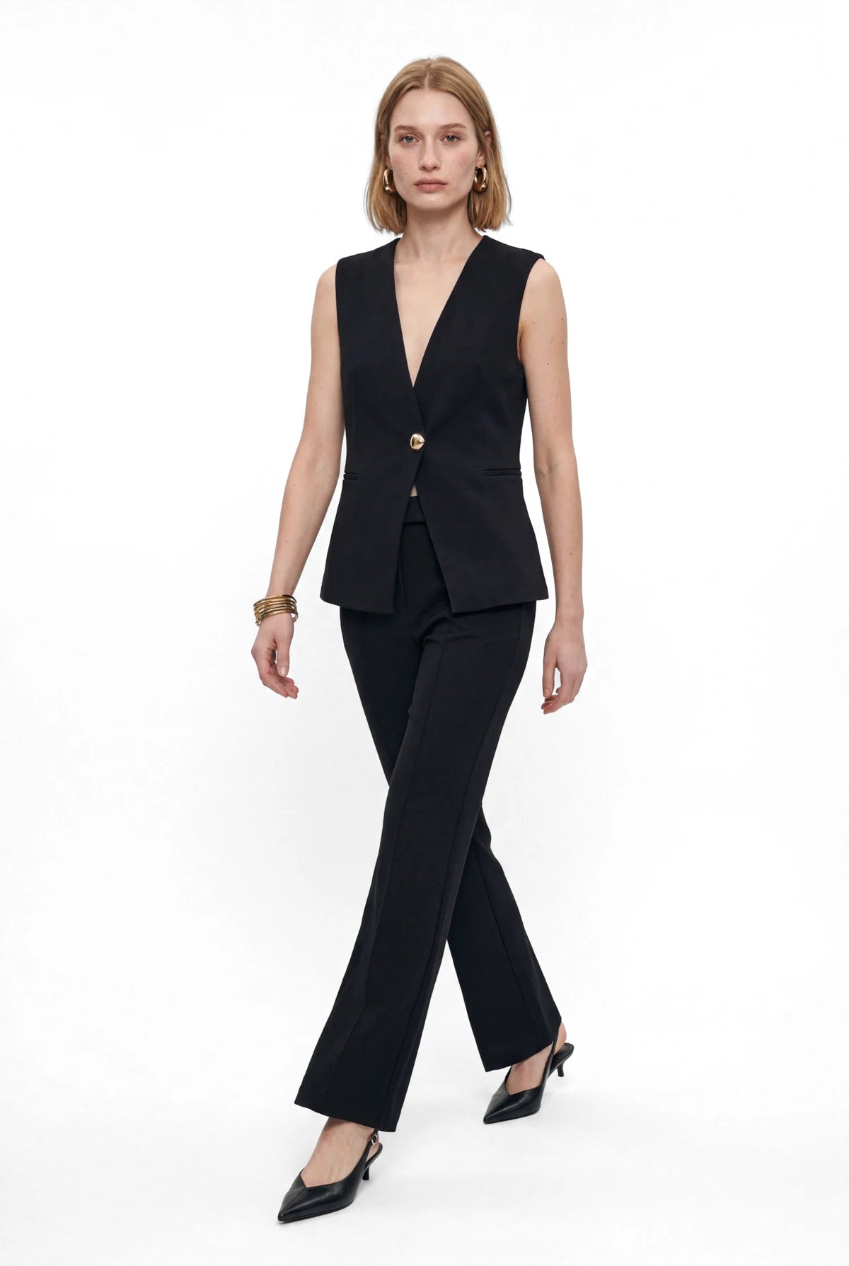 Women's Fabric Trousers with Button Detail at the Waist