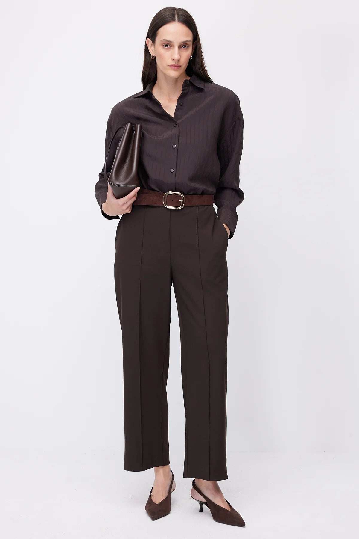 Women's High-Waisted Fabric Trousers with Front Pleat Detail