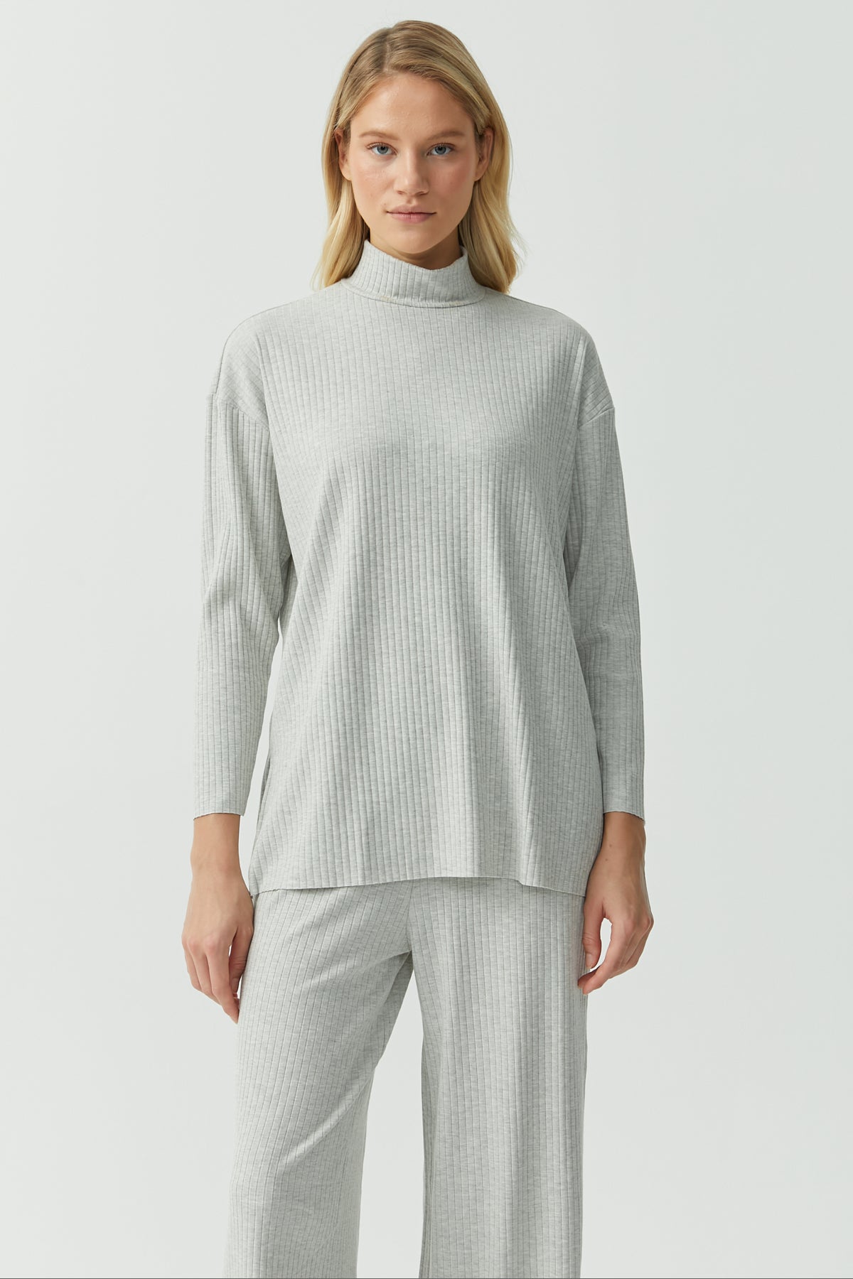 Stand Collar Ribbed Blouse