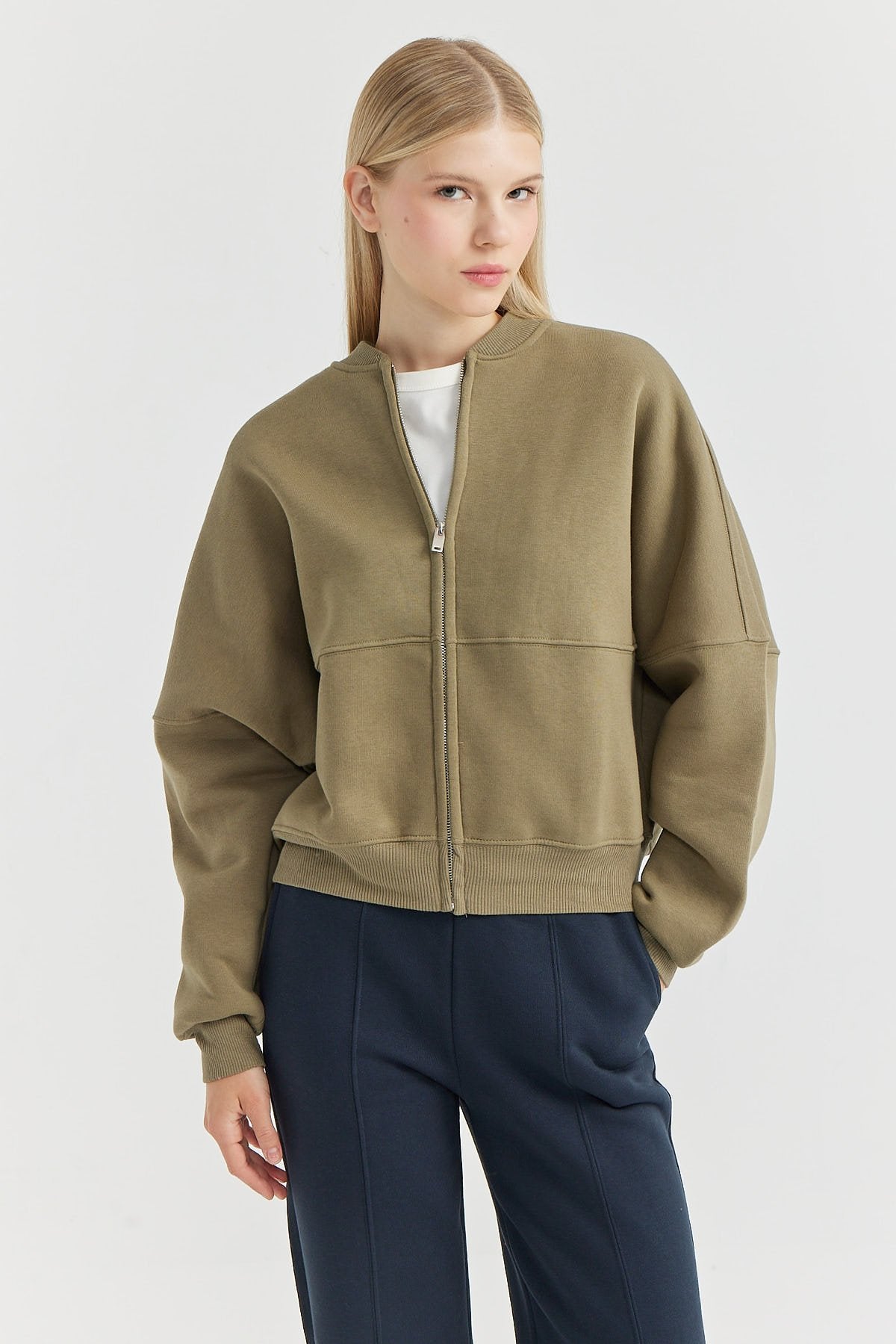 Women's Zippered Sweat Top with Stitching Detail