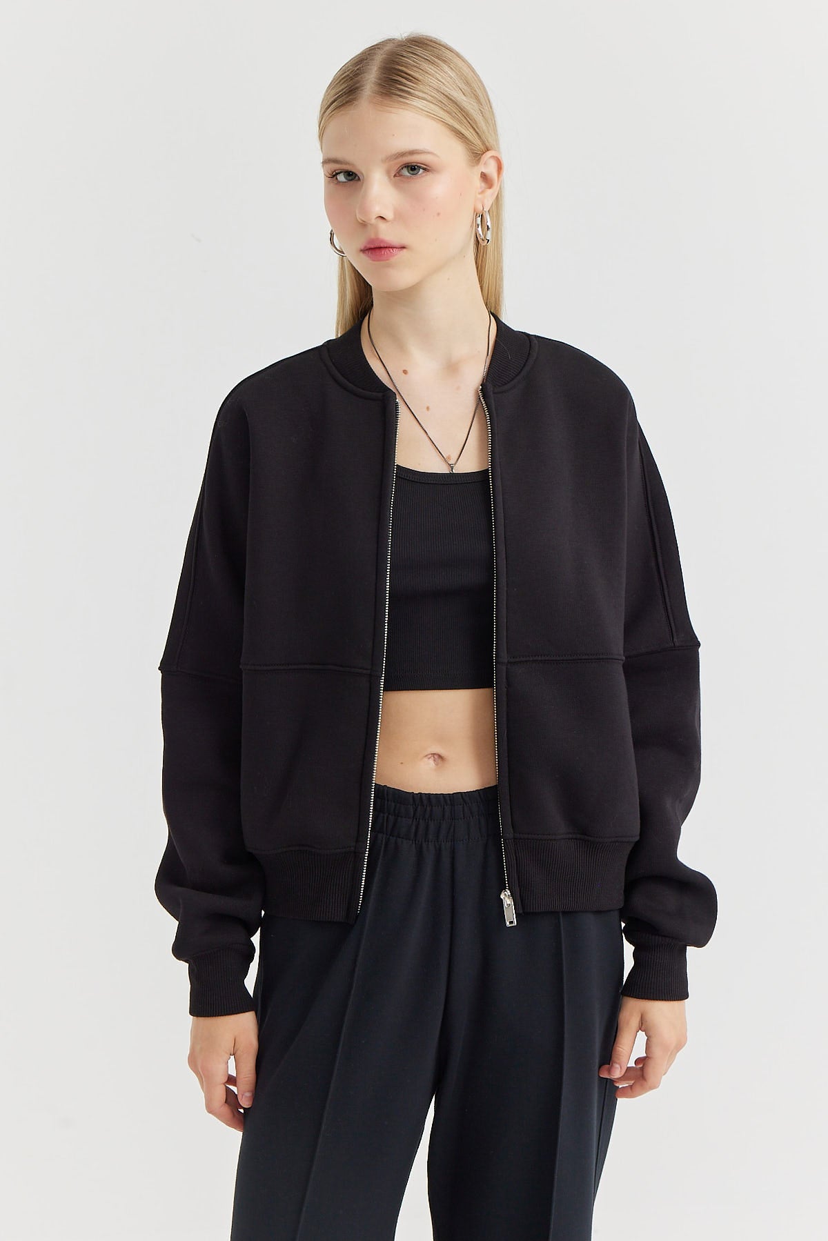Women's Zippered Sweat Top with Stitching Detail