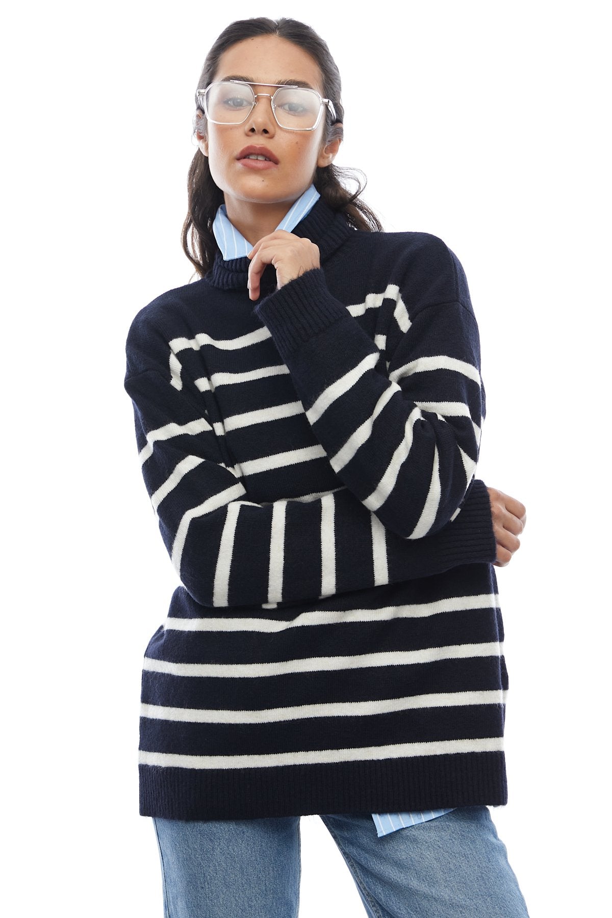 Women's Striped Turtleneck Knit Sweater