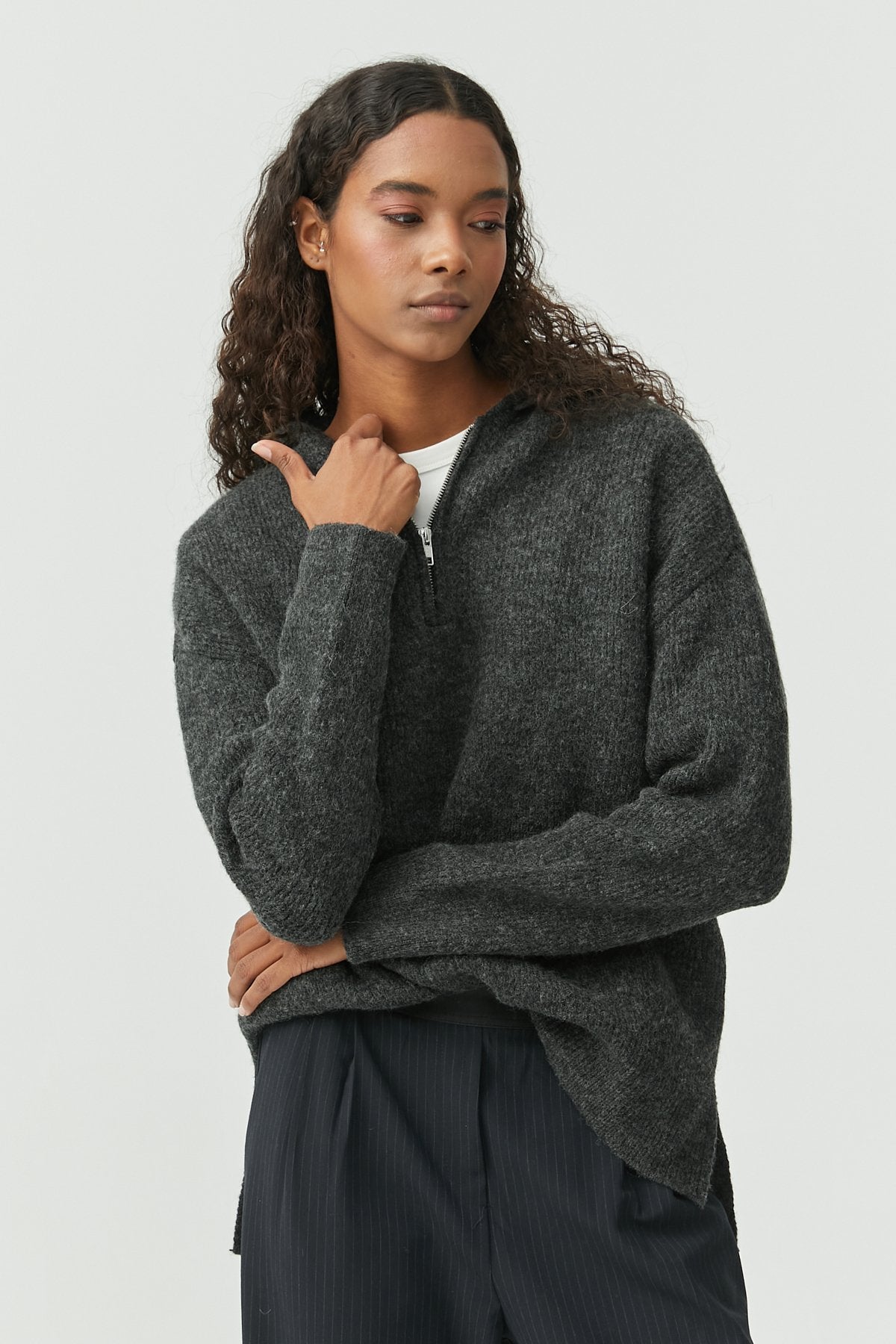 Women's Hooded Zippered Knitwear Sweater