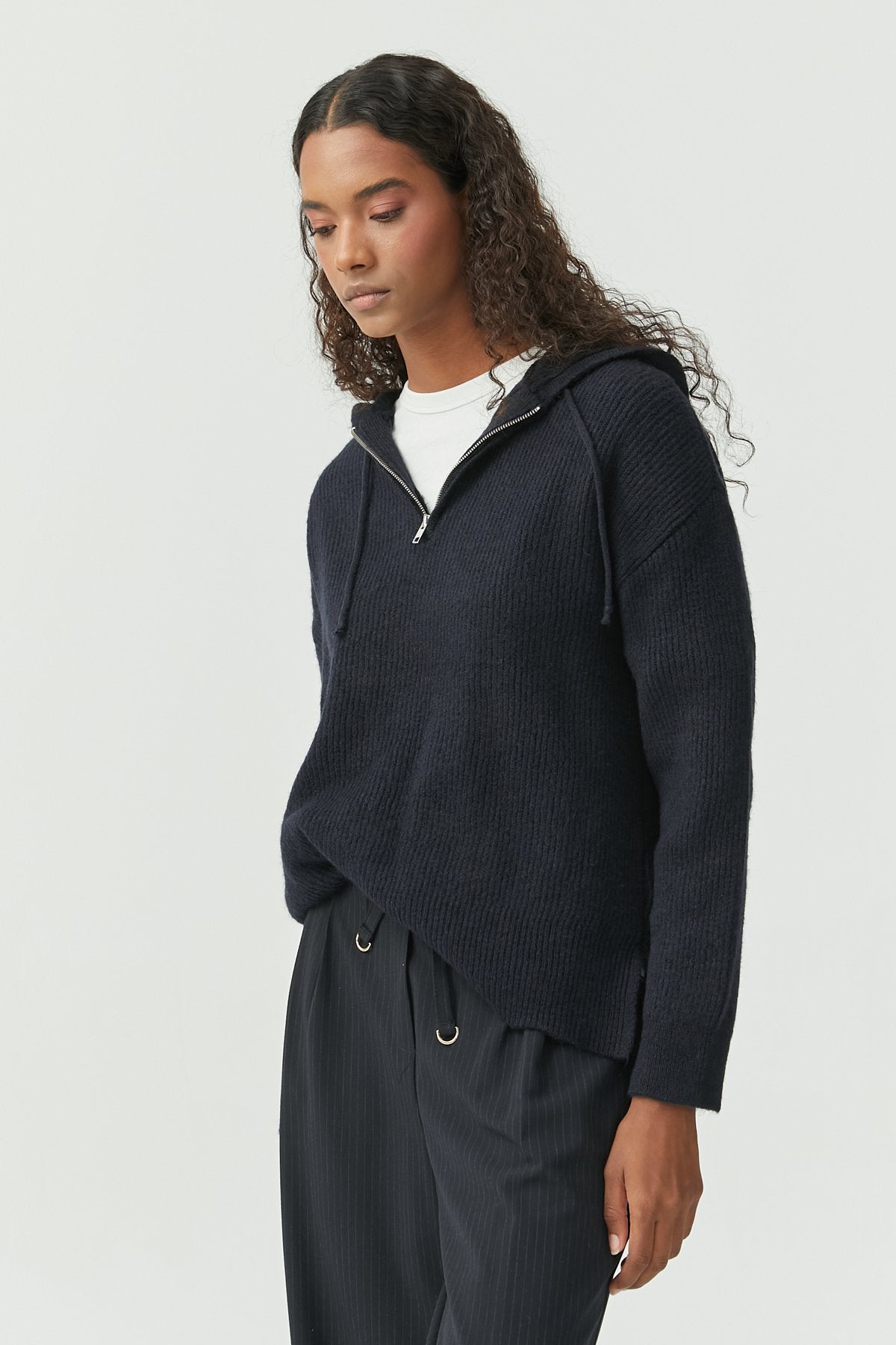 Women's Hooded Zippered Knitwear Sweater