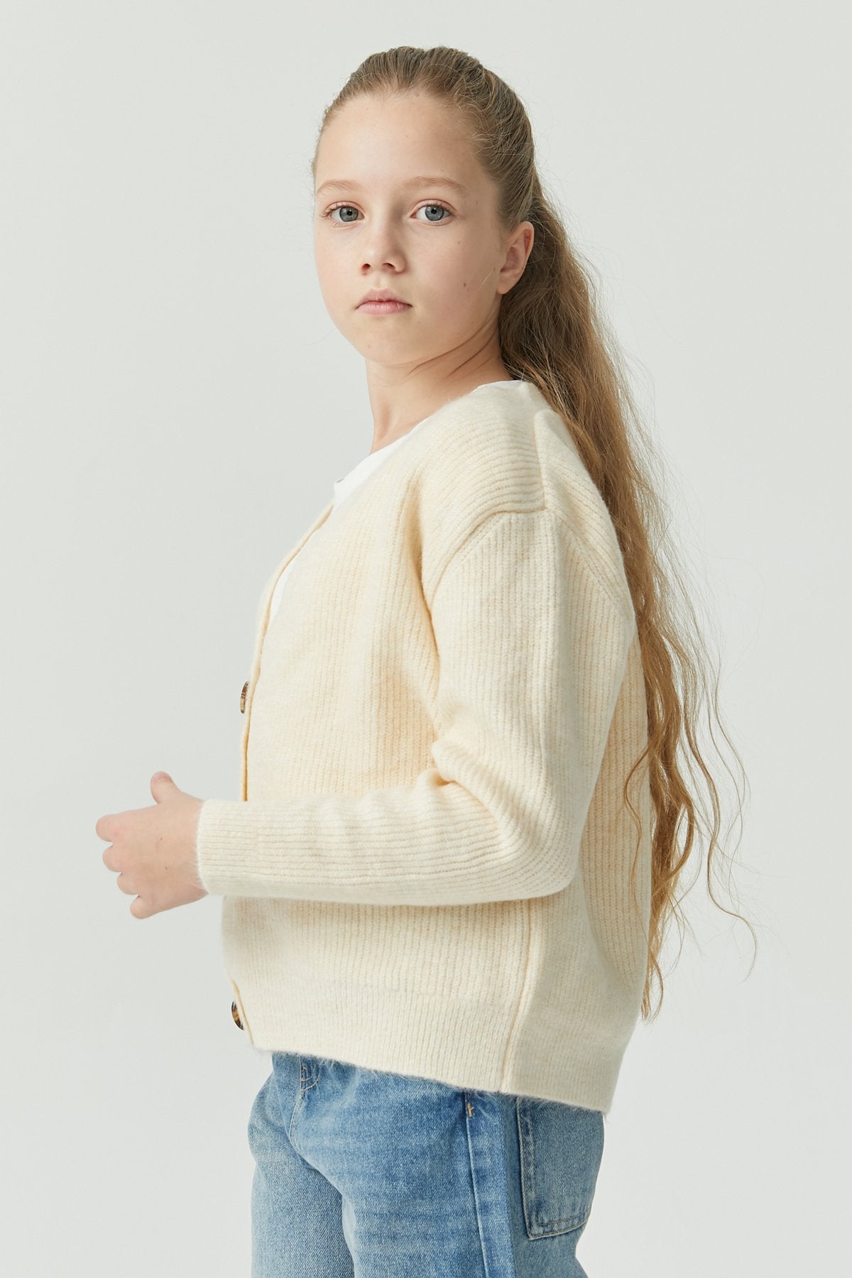 Girl's Buttoned Ribbed Knit Cardigan