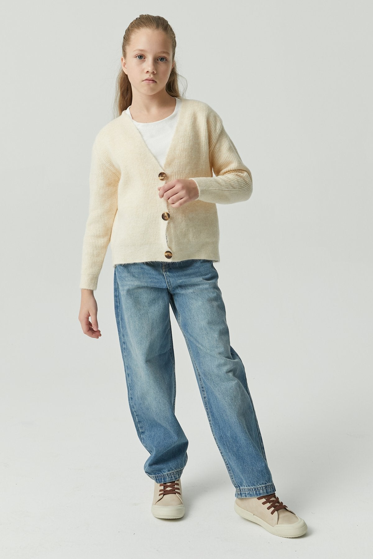 Girl's Buttoned Ribbed Knit Cardigan