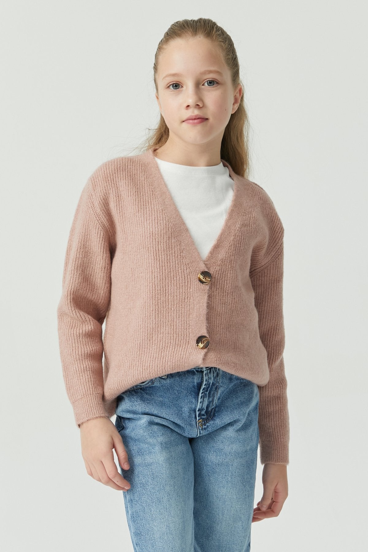 Girl's Buttoned Ribbed Knit Cardigan