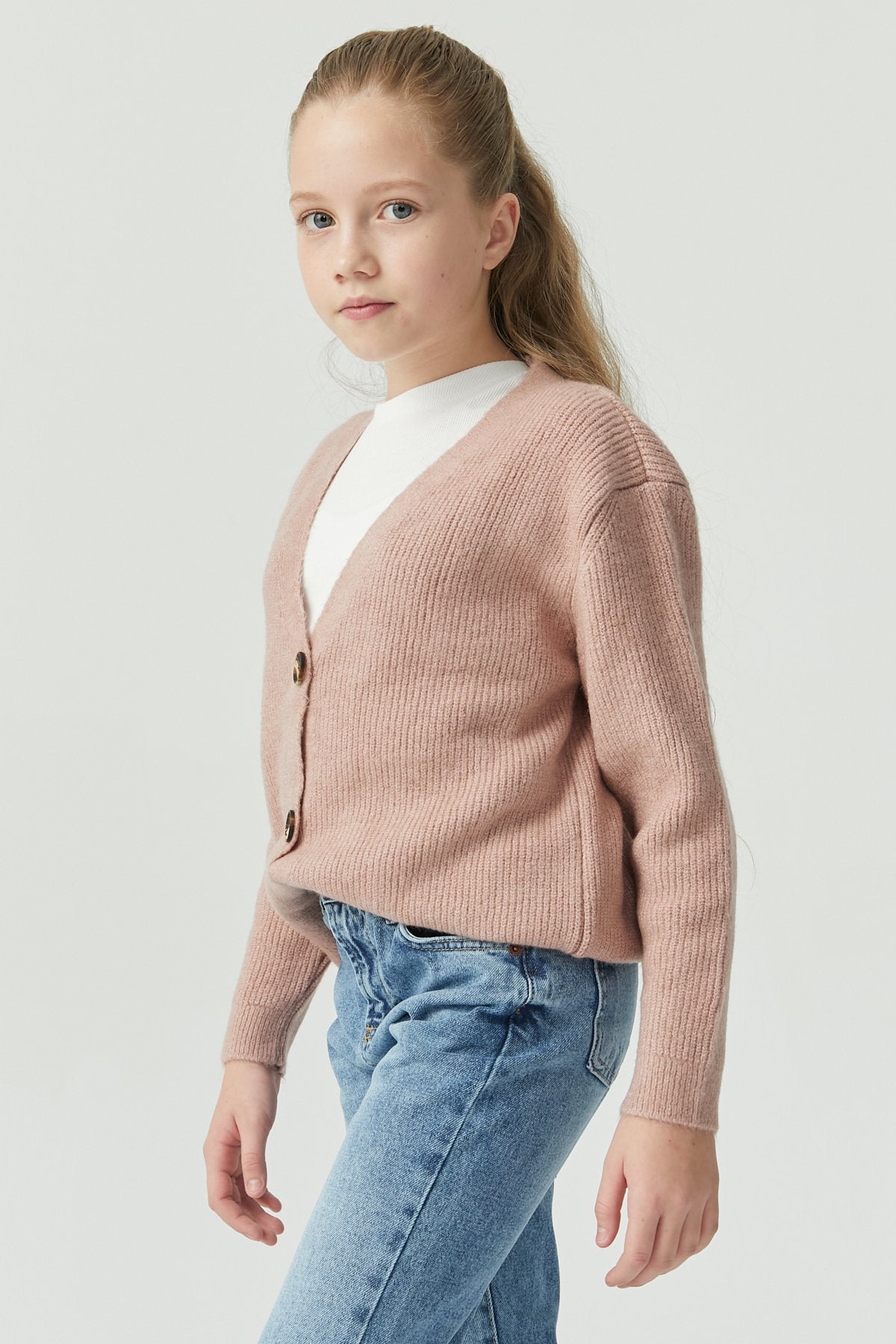 Girl's Buttoned Ribbed Knit Cardigan
