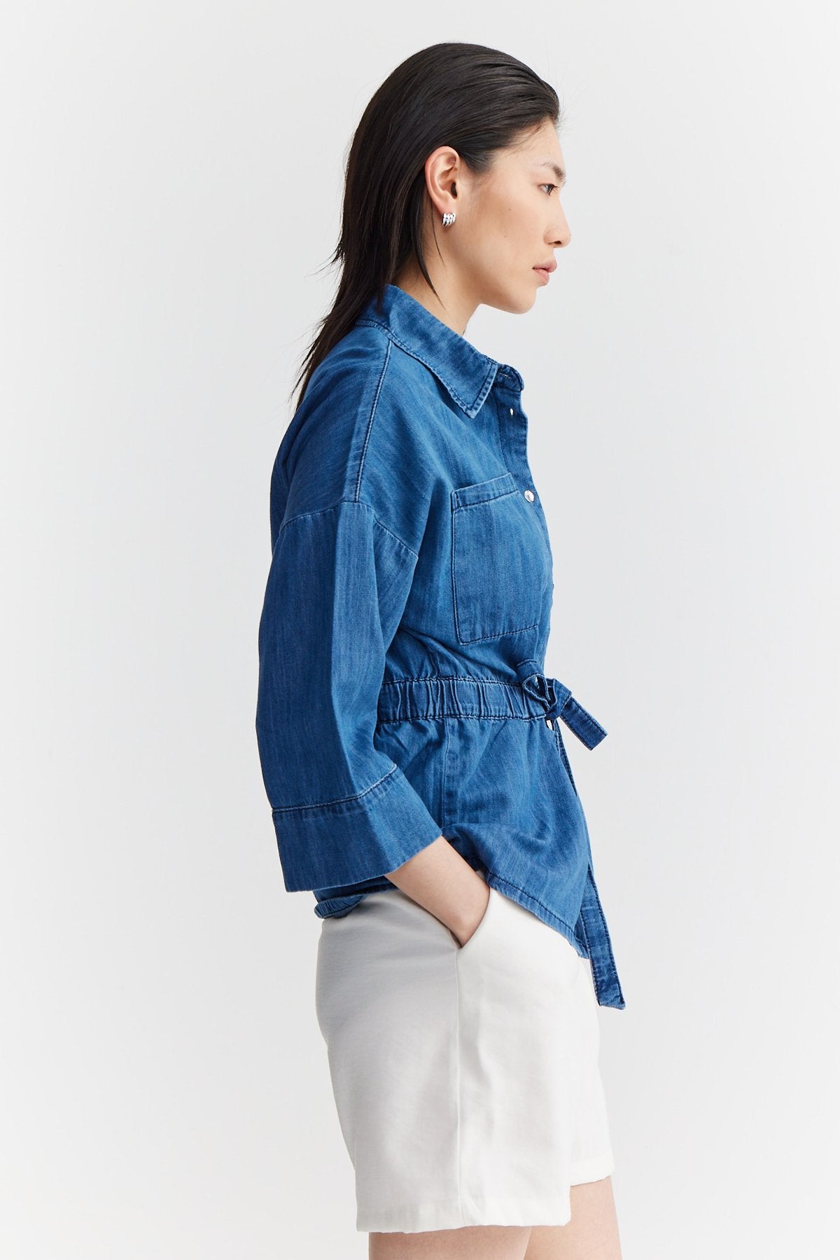 Women's Pocketed Tied Waist Denim Shirt