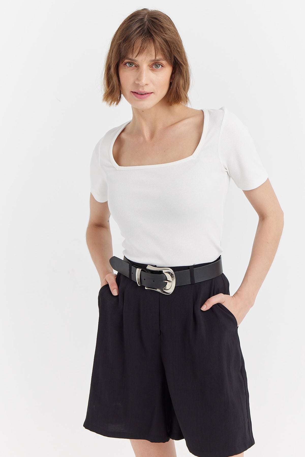Women's Square Neck Ribbed Blouse