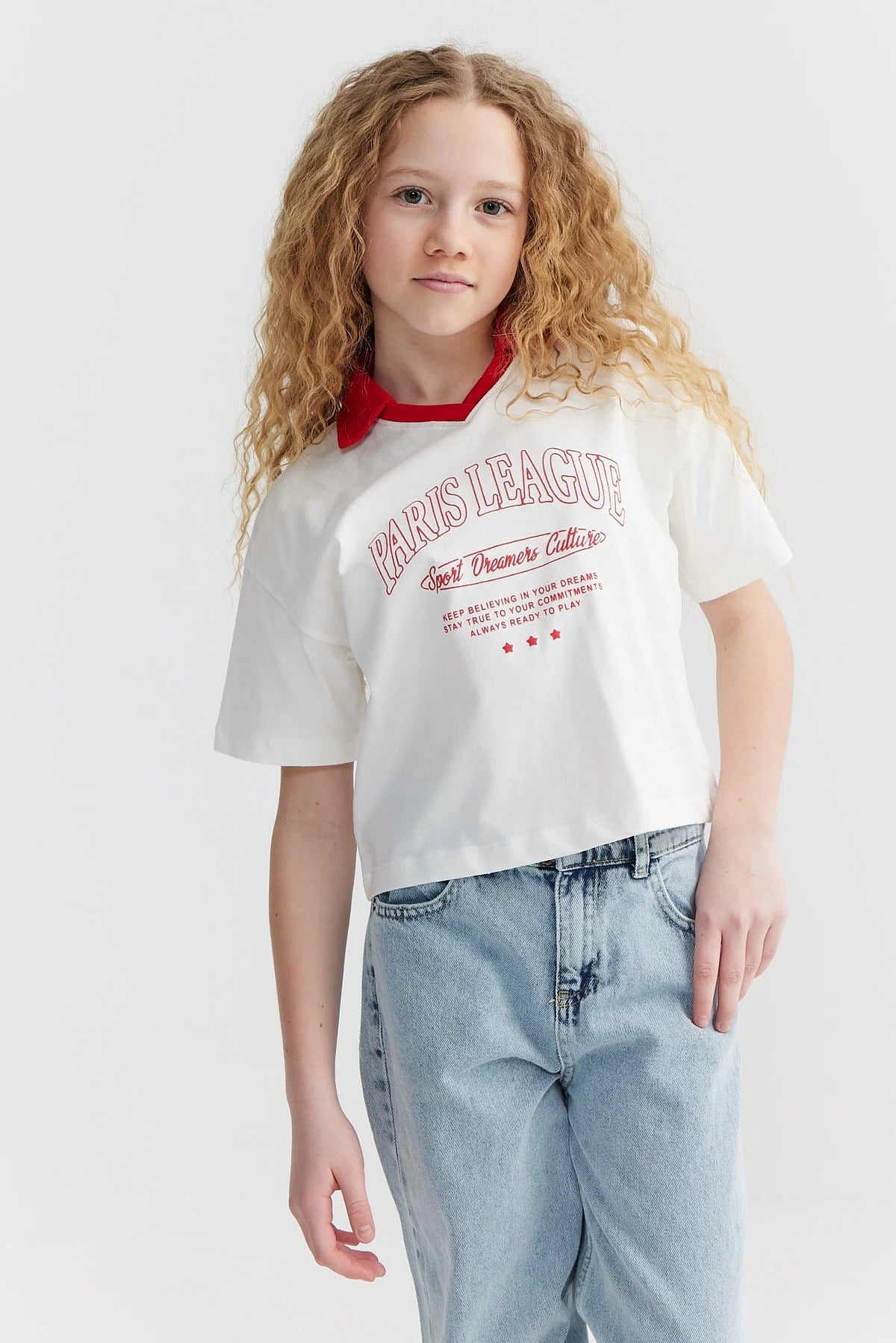 Kız Çocuk Yaka Detaylı Baskılı T-shirt