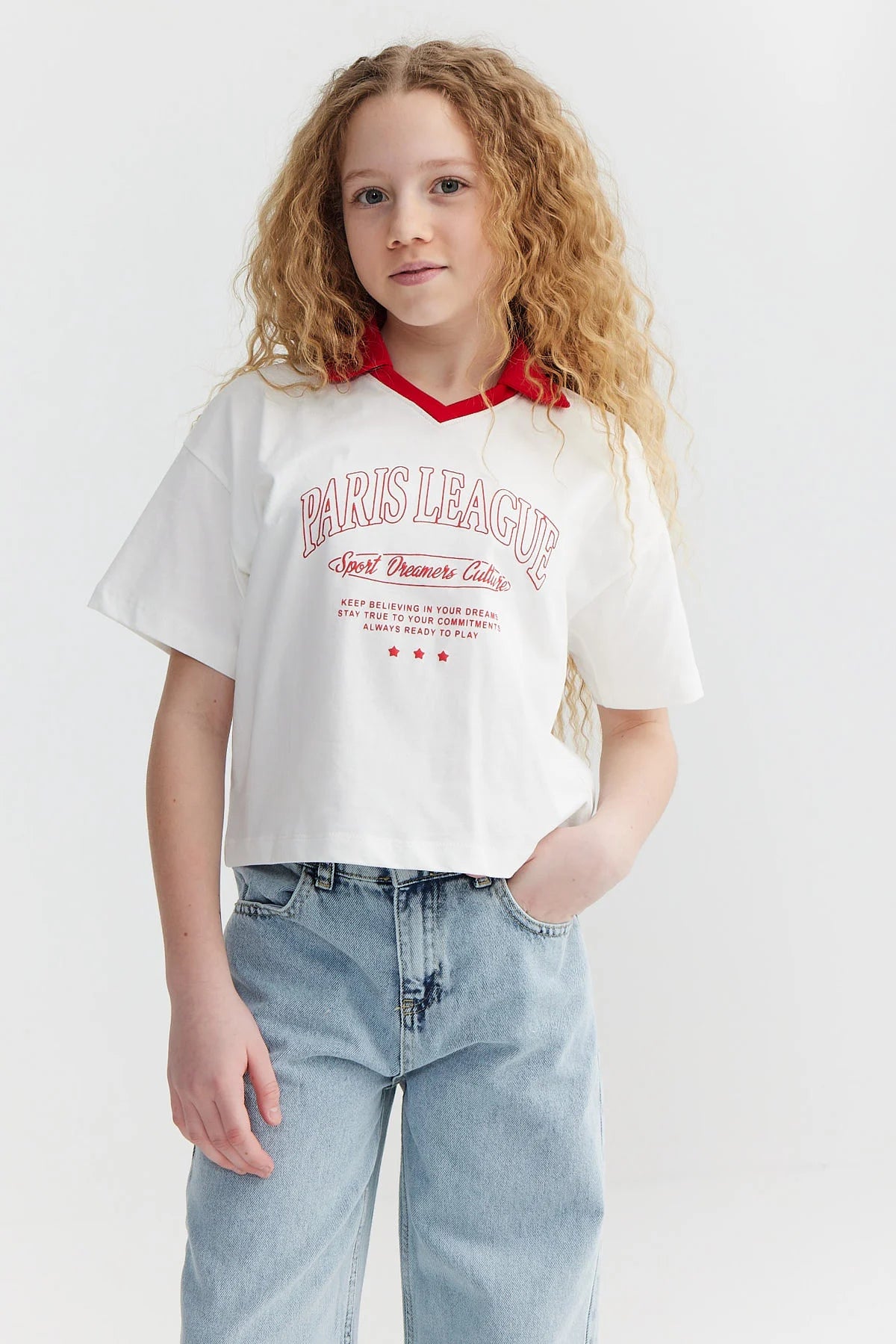 Kız Çocuk Yaka Detaylı Baskılı T-shirt