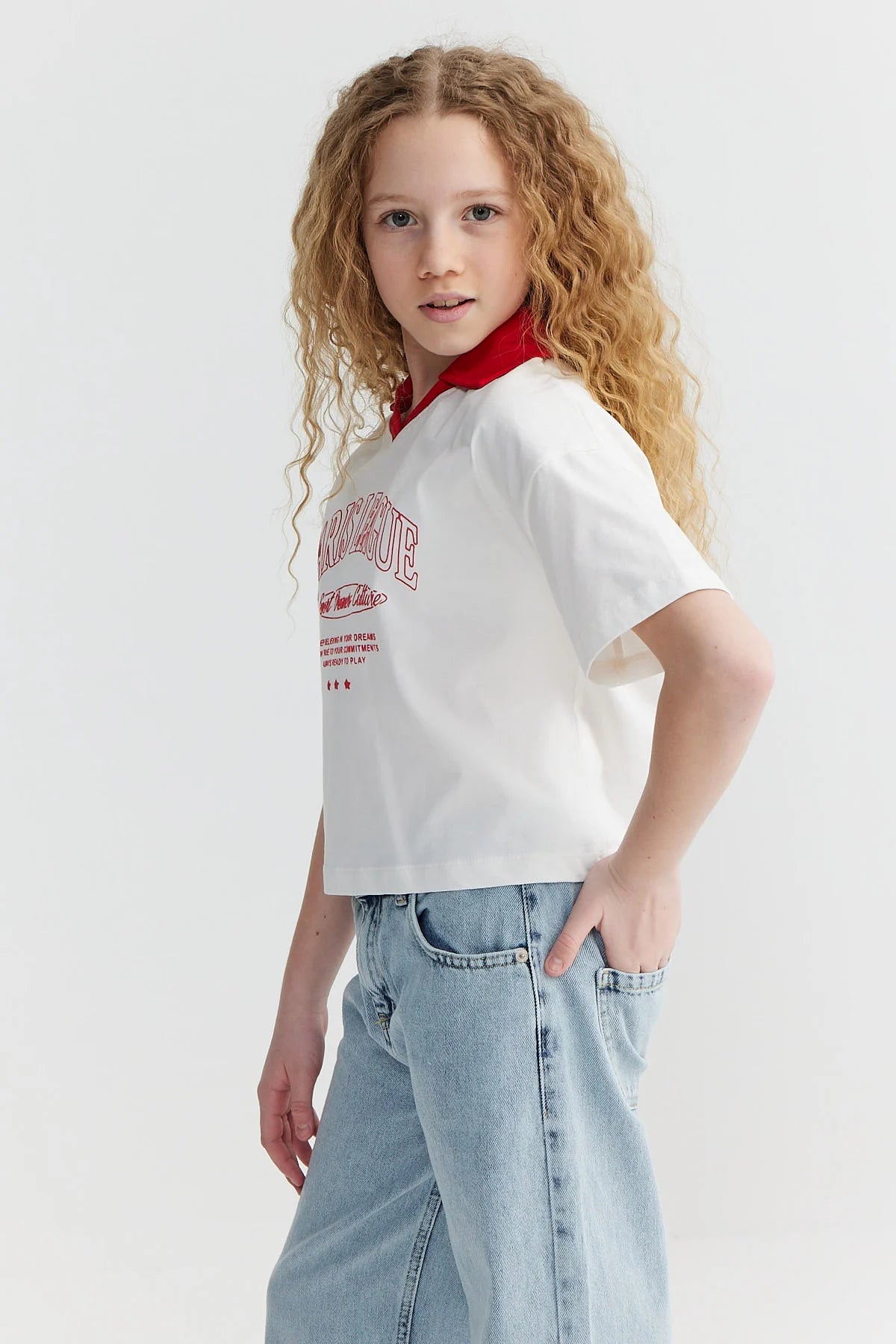 Kız Çocuk Yaka Detaylı Baskılı T-shirt