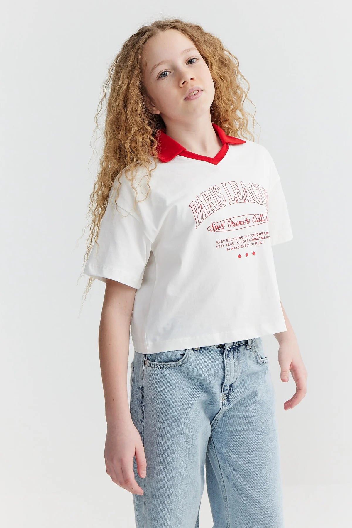 Kız Çocuk Yaka Detaylı Baskılı T-shirt