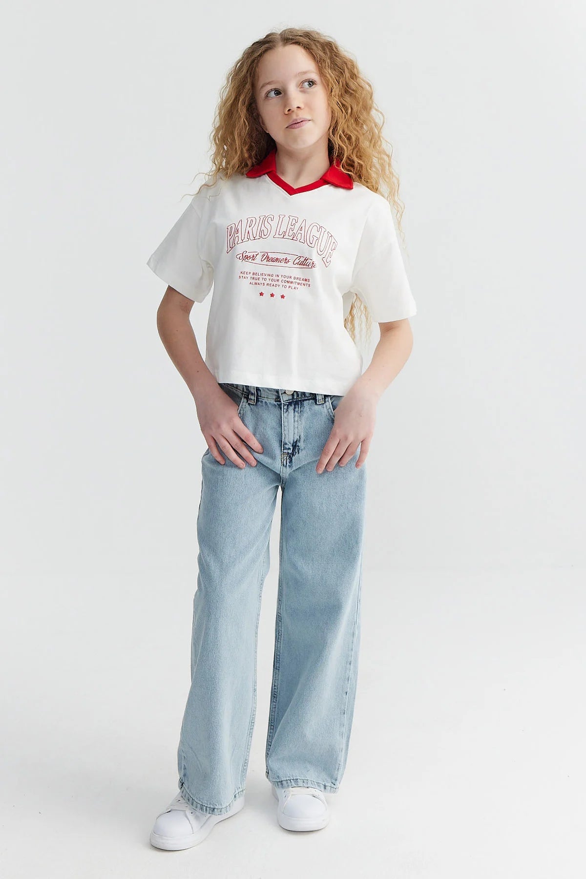 Kız Çocuk Yaka Detaylı Baskılı T-shirt