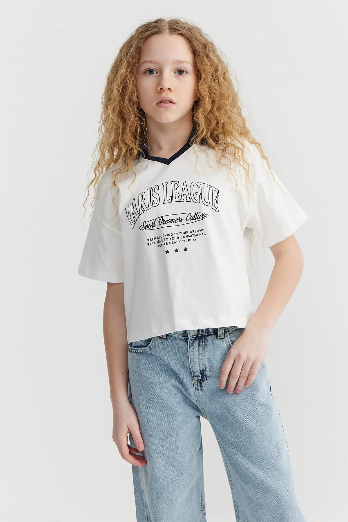 Kız Çocuk Yaka Detaylı Baskılı T-shirt