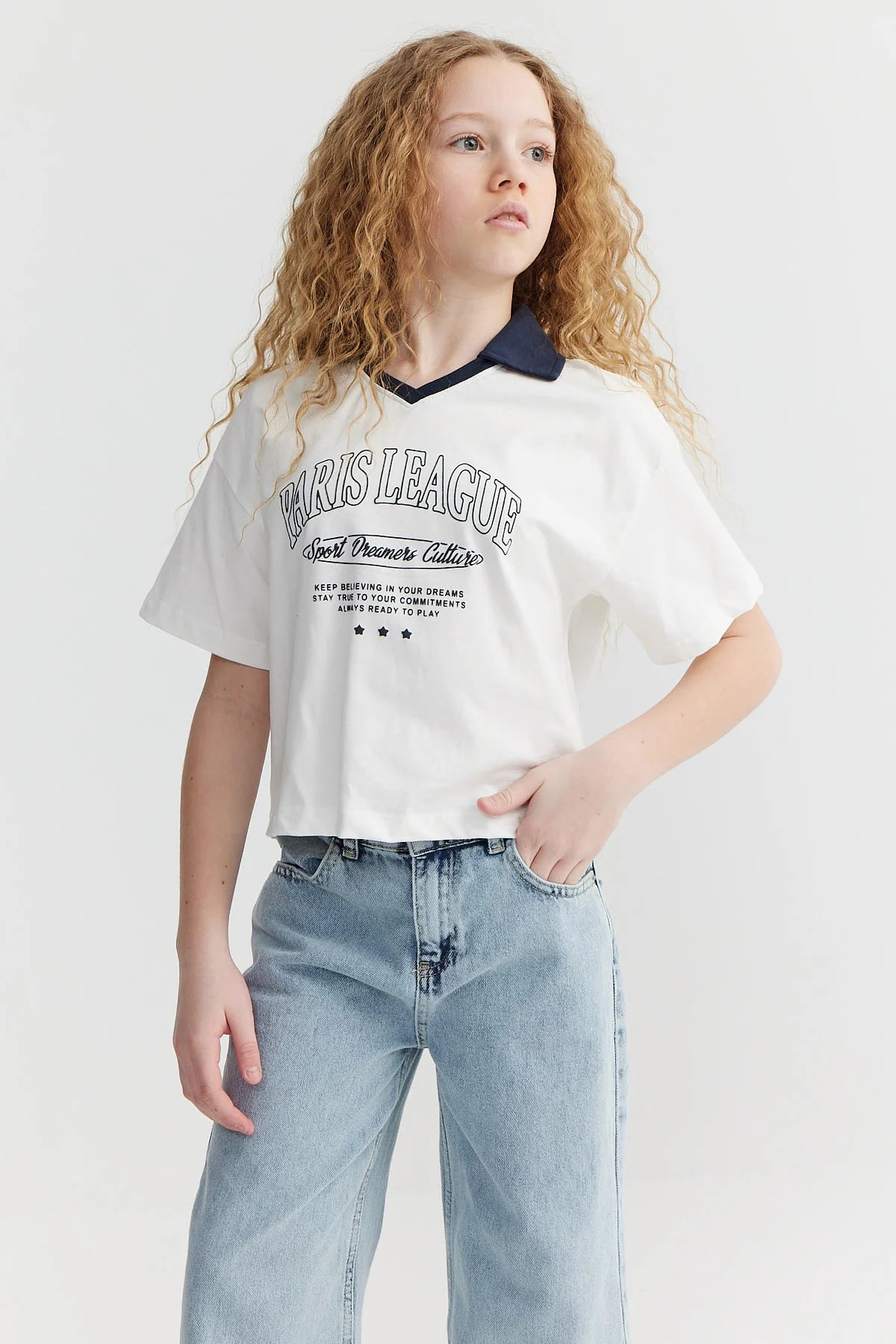 Kız Çocuk Yaka Detaylı Baskılı T-shirt