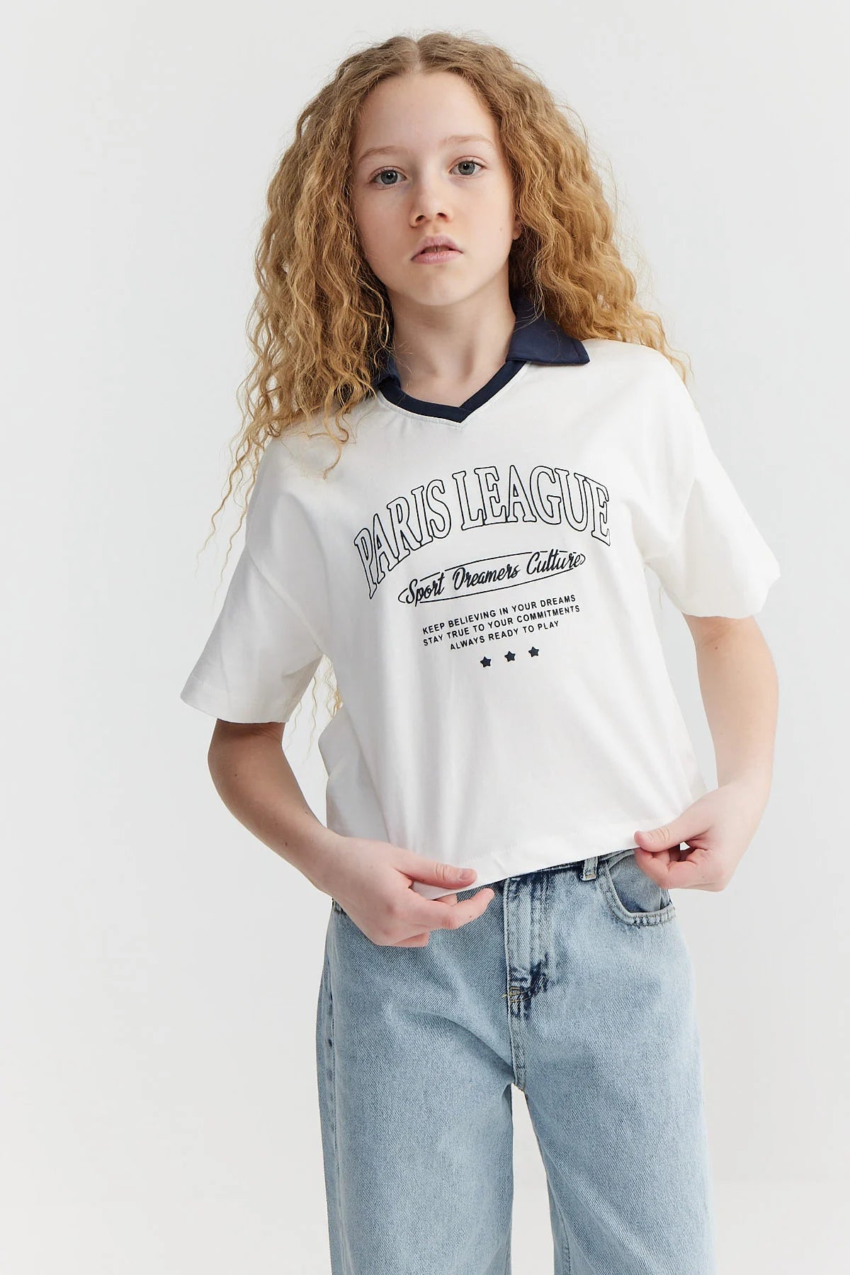 Kız Çocuk Yaka Detaylı Baskılı T-shirt