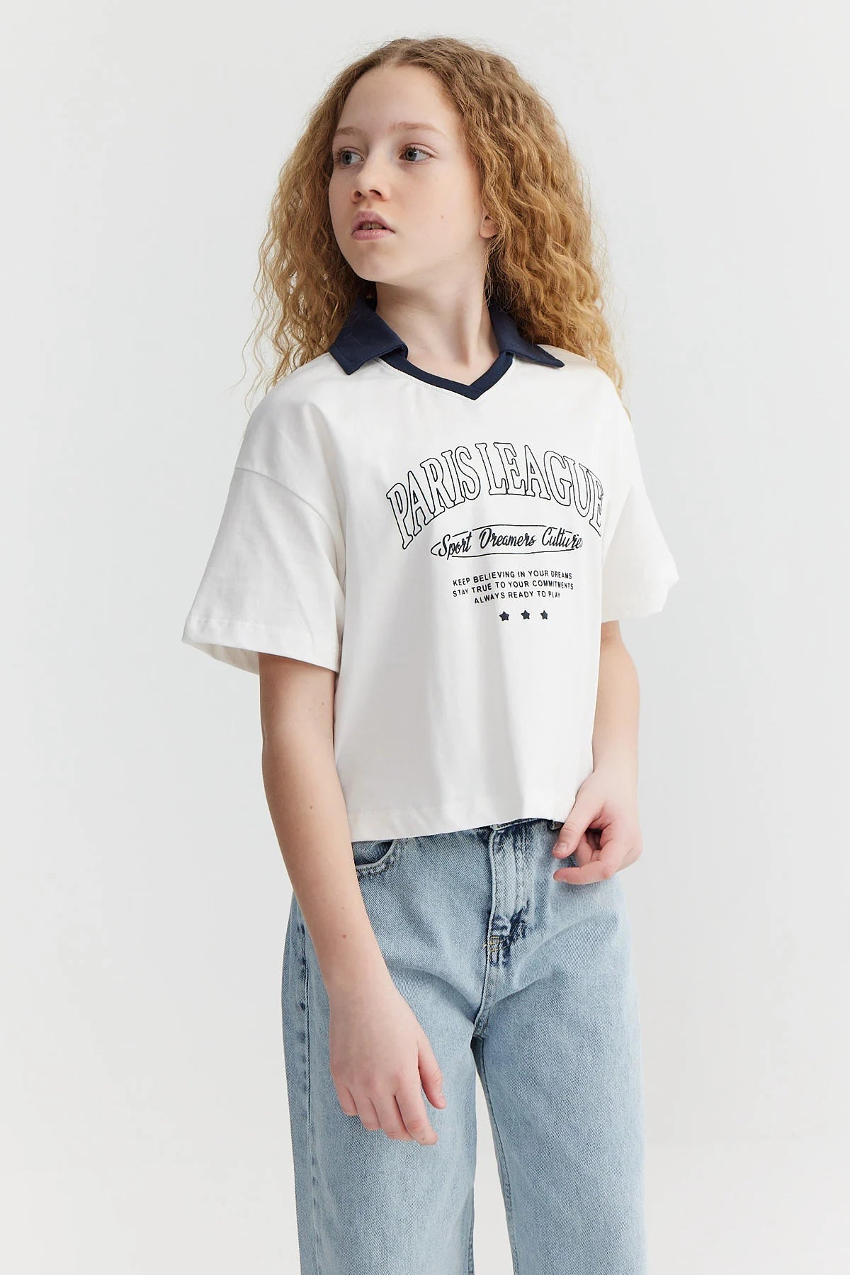 Kız Çocuk Yaka Detaylı Baskılı T-shirt