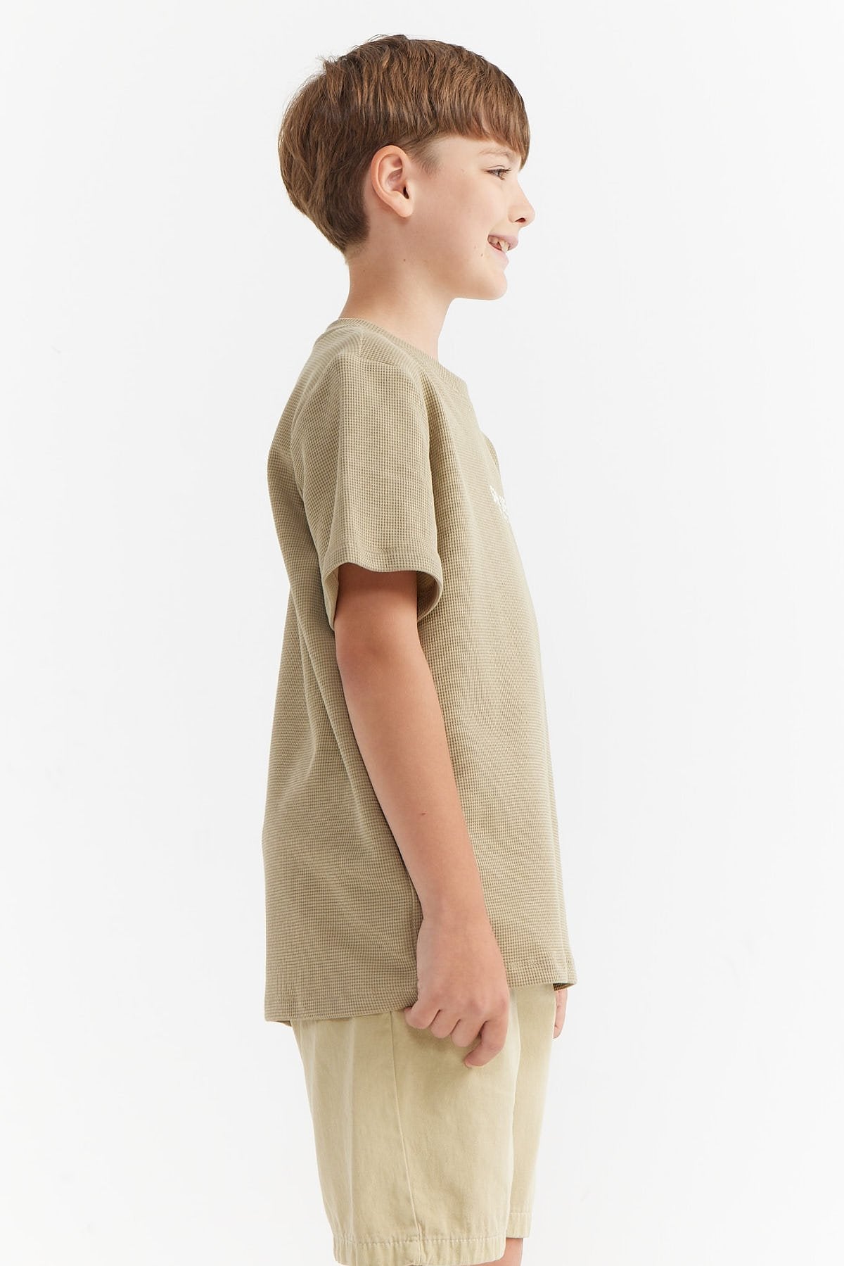 Boy's Waffle Fabric T-shirt with Text Print Detail