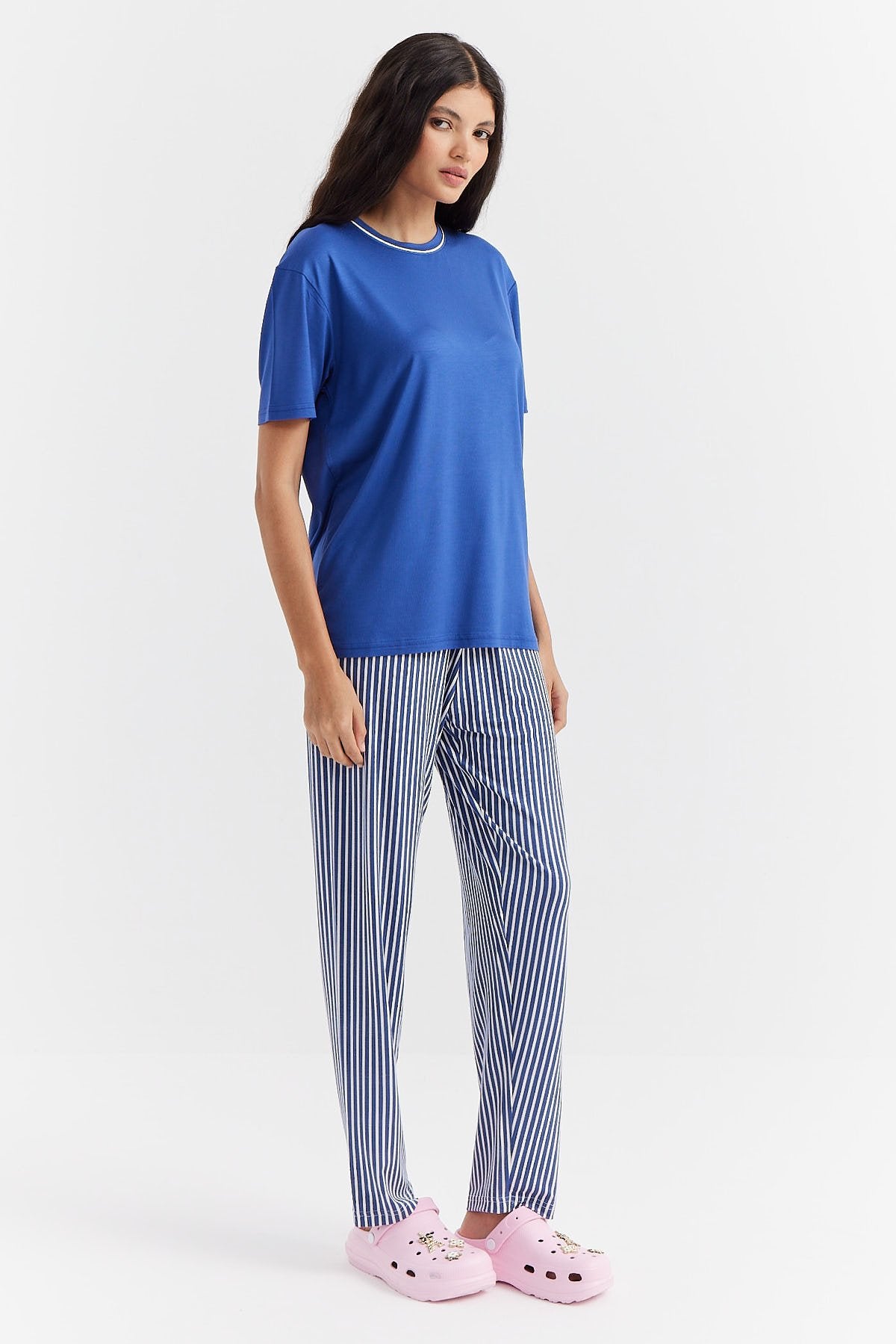 Kadın Çizgili Kısa Kollu Pijama Takımı