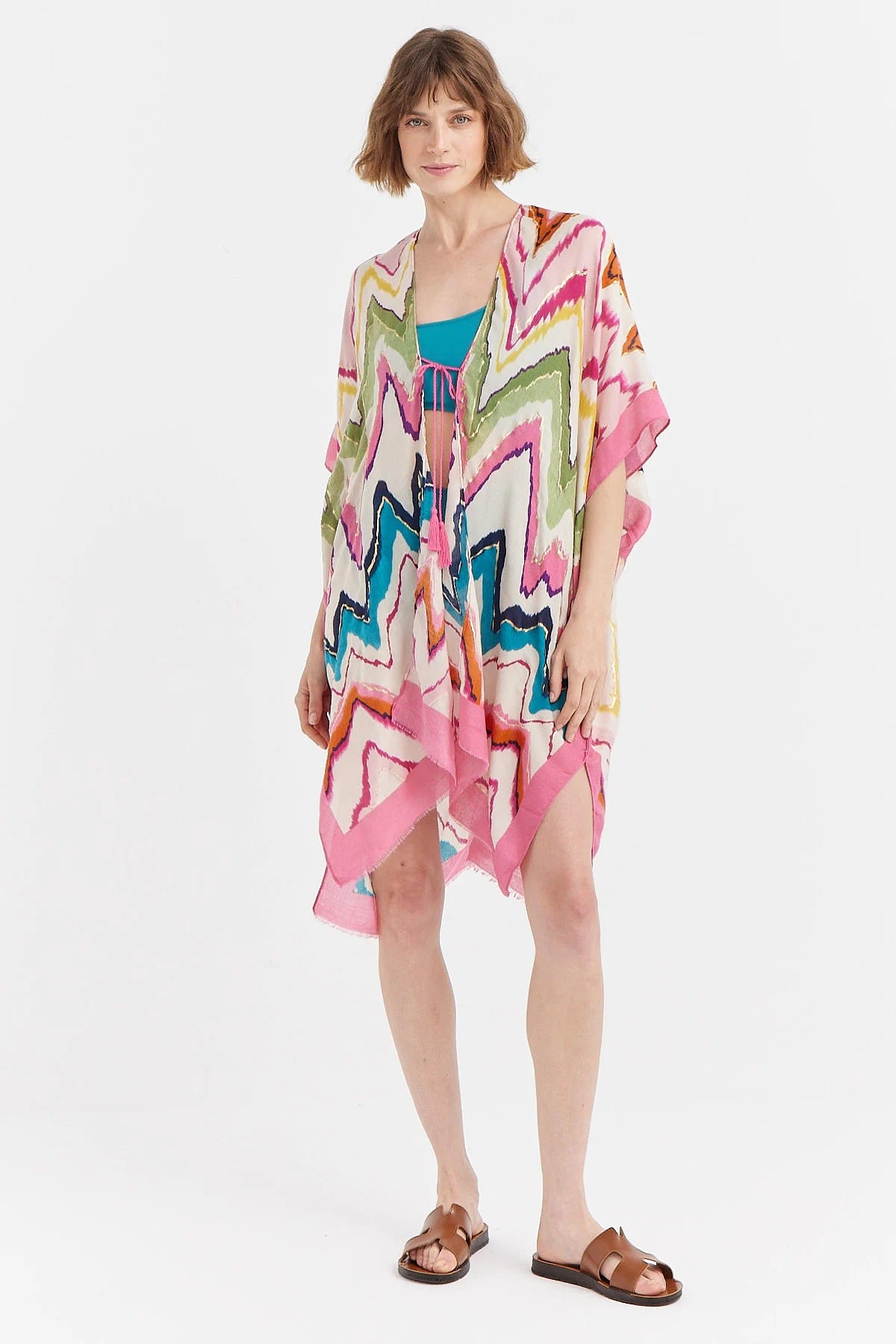 15087 Zigzag Desenli Varaklı Pembe Pareo SALK-0117