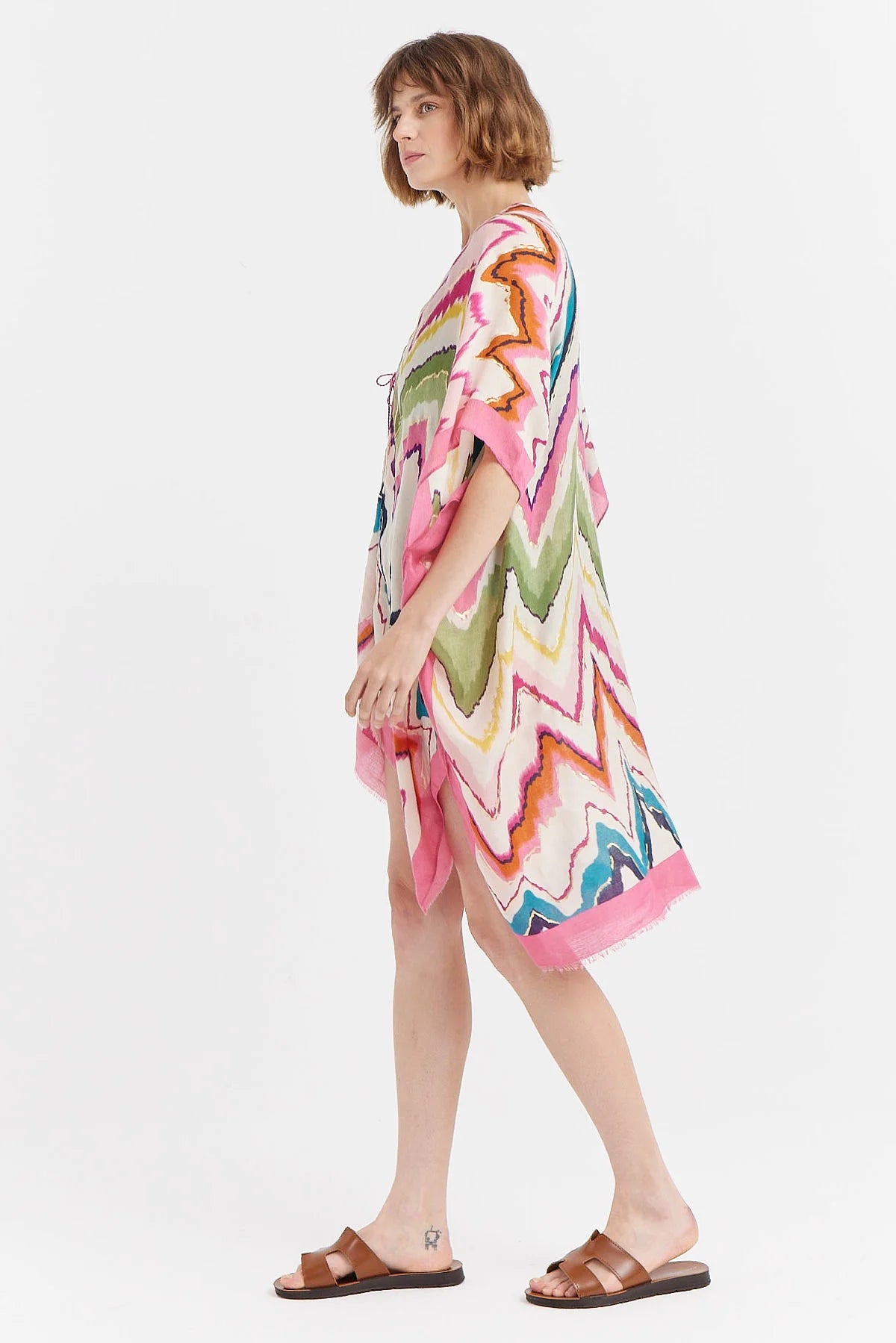 15087 Zigzag Desenli Varaklı Pembe Pareo SALK-0117