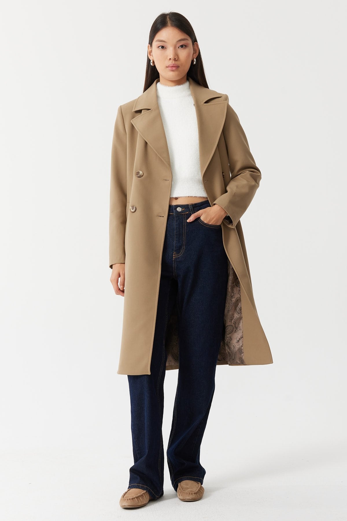 معطف نسائي طويل مزدوج الأزرار 