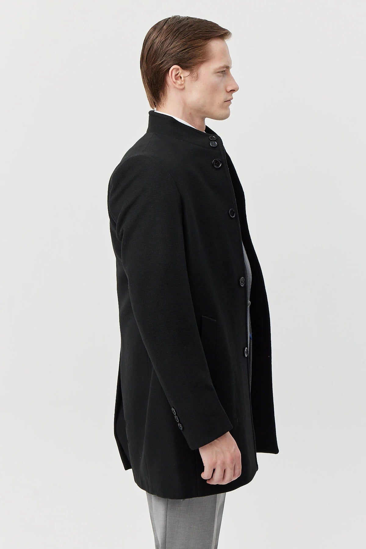 Men's Long Coat with Grandad Collar and Pockets