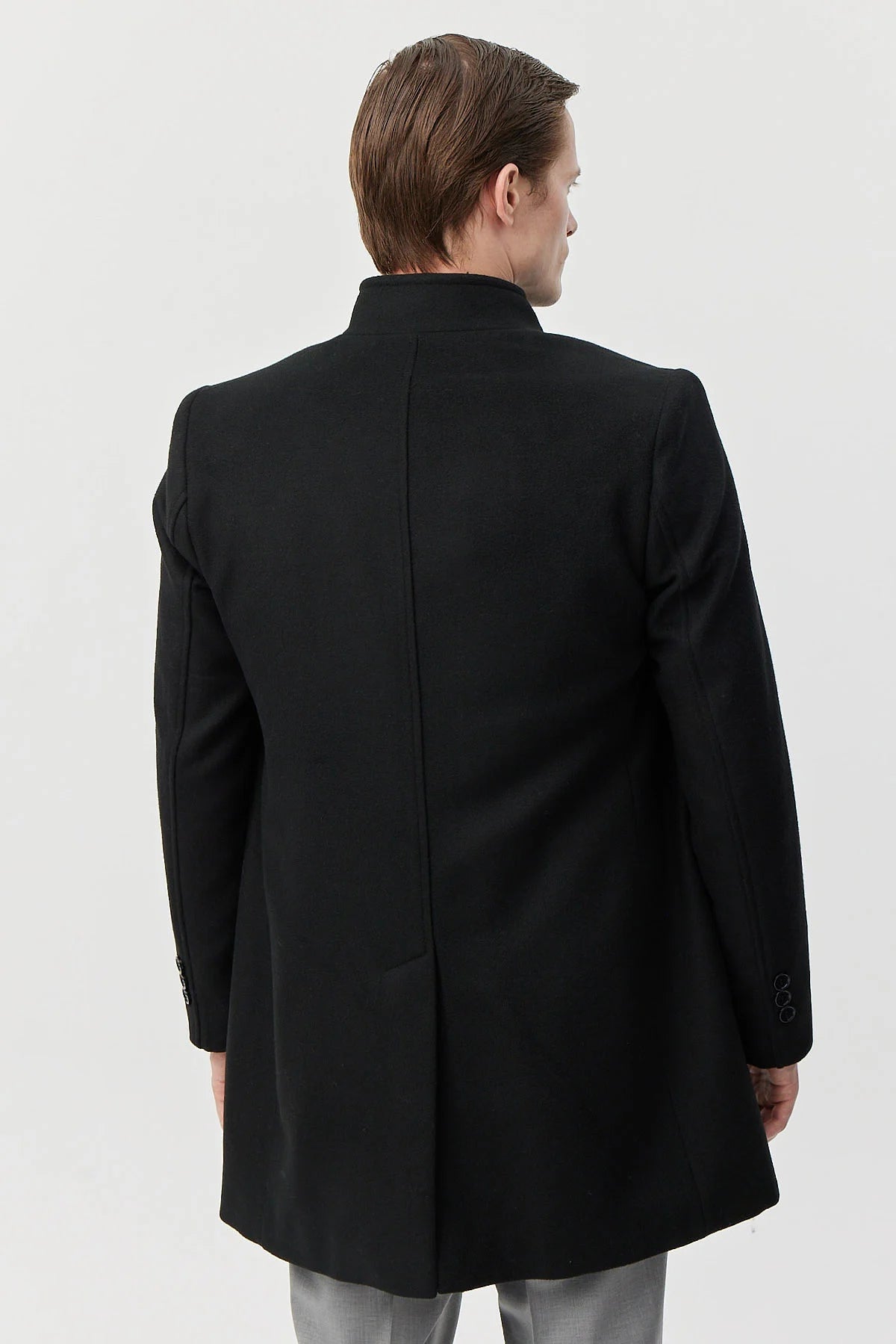 Men's Long Coat with Grandad Collar and Pockets