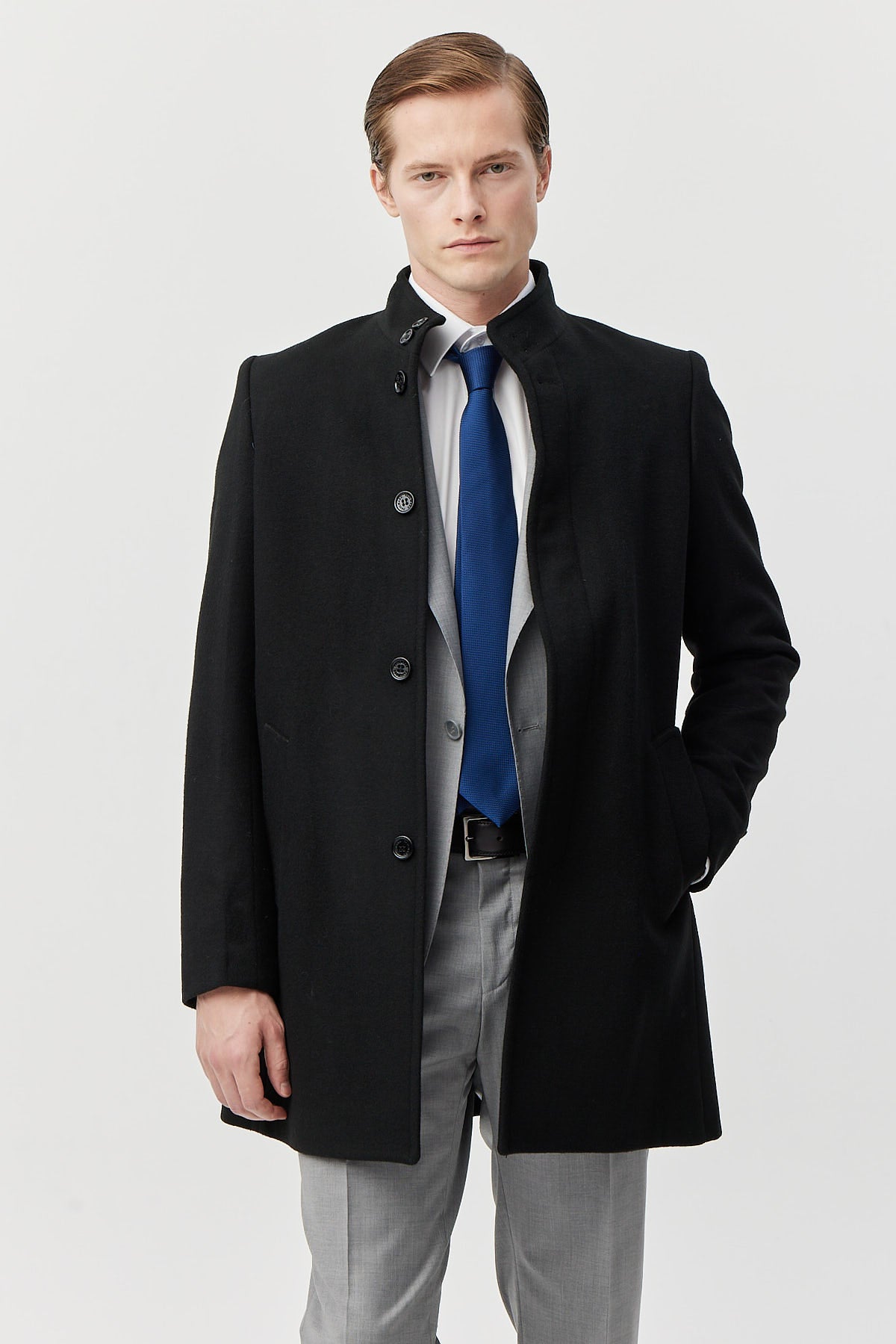 Men's Long Coat with Grandad Collar and Pockets