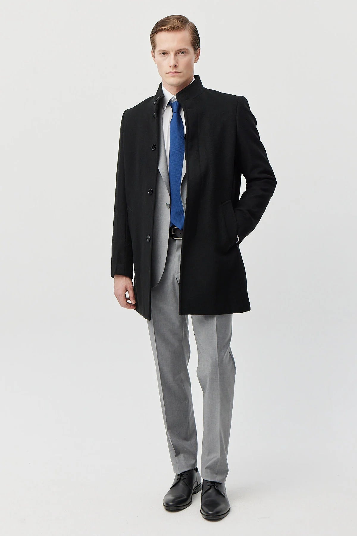 Men's Long Coat with Grandad Collar and Pockets
