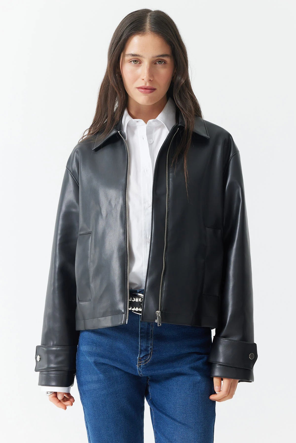 Kadın Gömlek Yaka Deri Mont