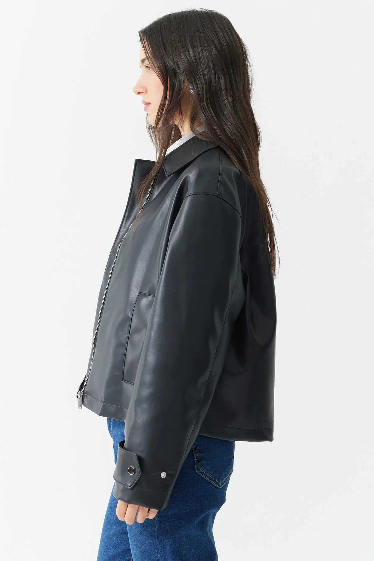 Kadın Gömlek Yaka Deri Mont