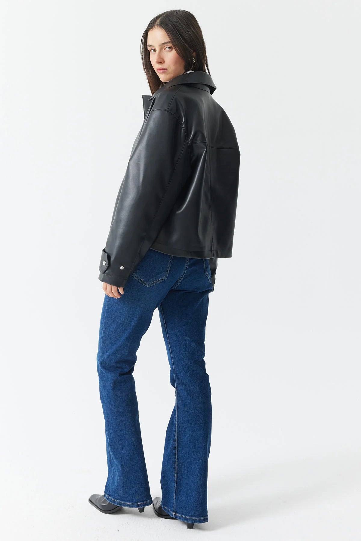 Kadın Gömlek Yaka Deri Mont