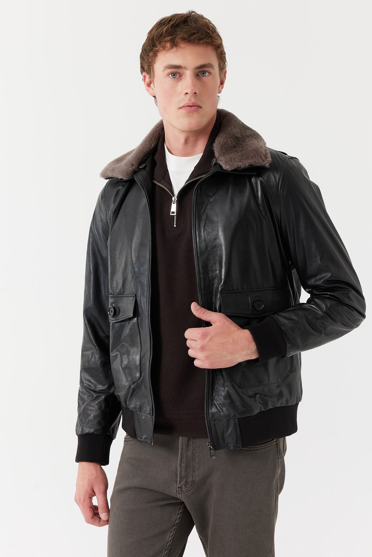 Men's Regular Collar Detailed Leather Coat