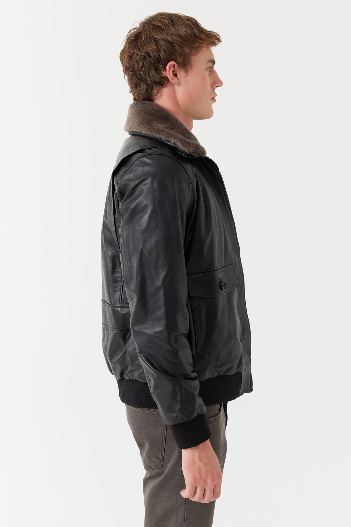 Men's Regular Collar Detailed Leather Coat