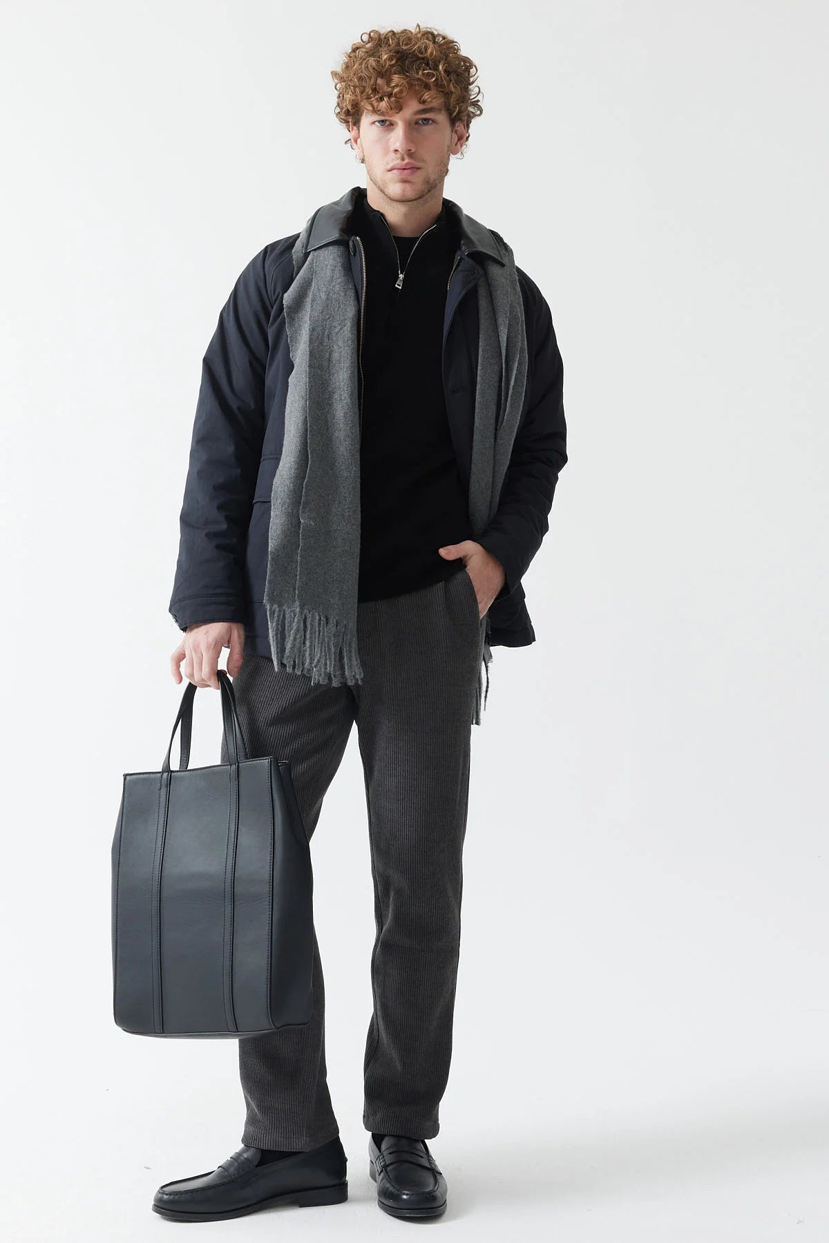 Men's Jacket with Leather Collar Detail